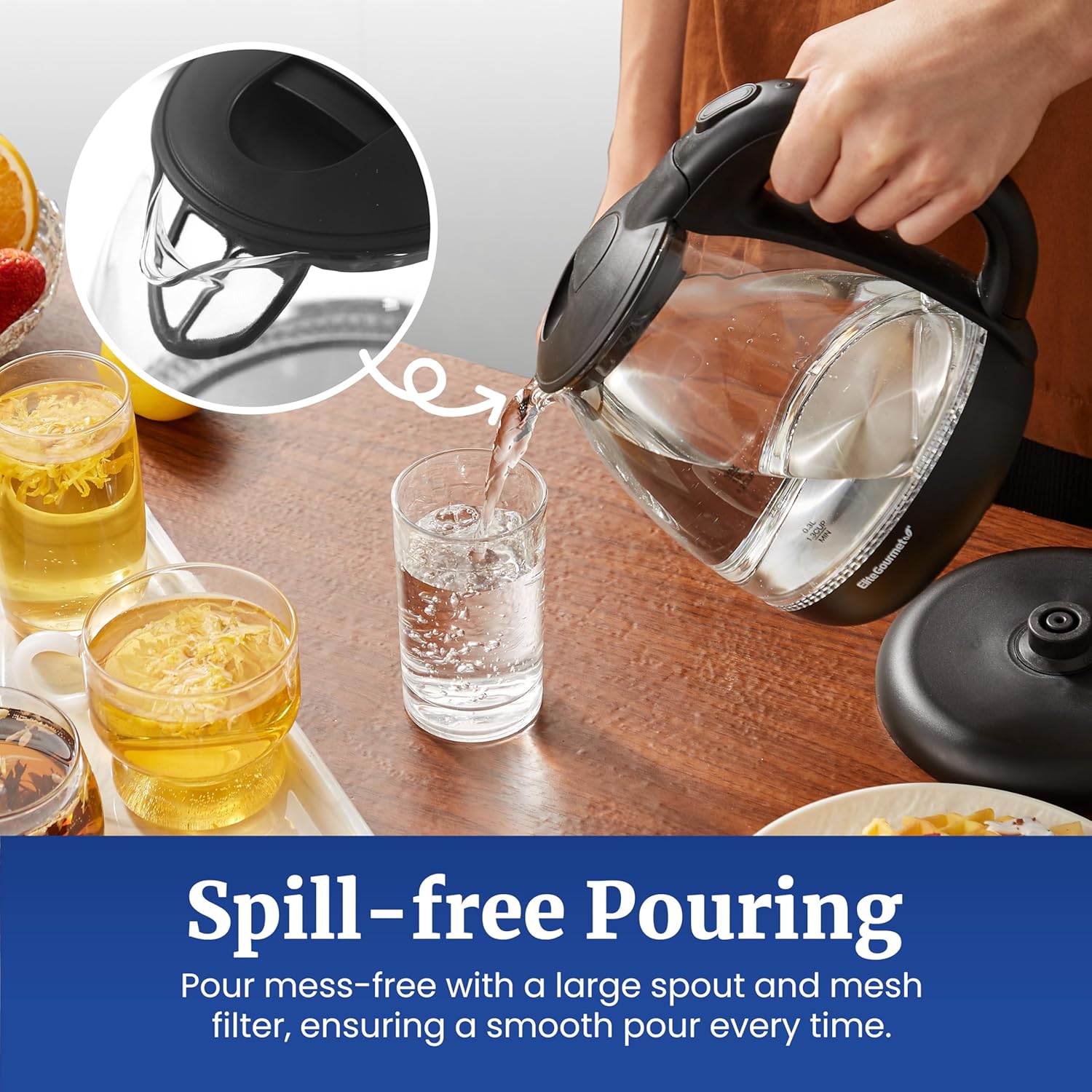 Elite Gourmet EKT1001 Electric 1.0L BPA-Free 1100W Glass Kettle Cordless 360° Base, Stylish Blue LED Interior, Handy Auto Shut-Off Function – Quickly Boil Water For Tea & More, Black - Image 7