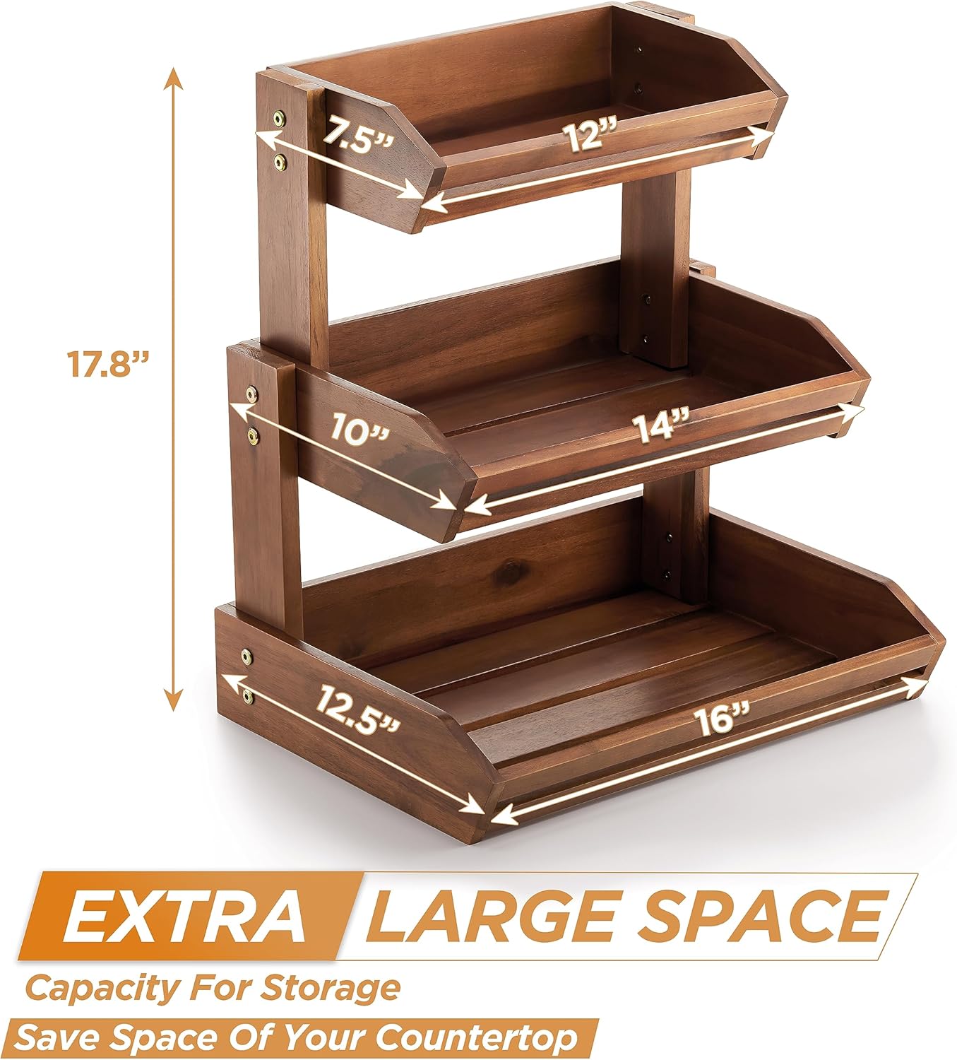 HOLANA Acacia 3 Tier Fruit Basket for Counter – Wooden Fruit Bowl for Kitchen Counter Organizer & Produce Storage Wooden Basket, Snack Organizer for Countertop, Kitchen Counter Storage (Acacia) - Image 3