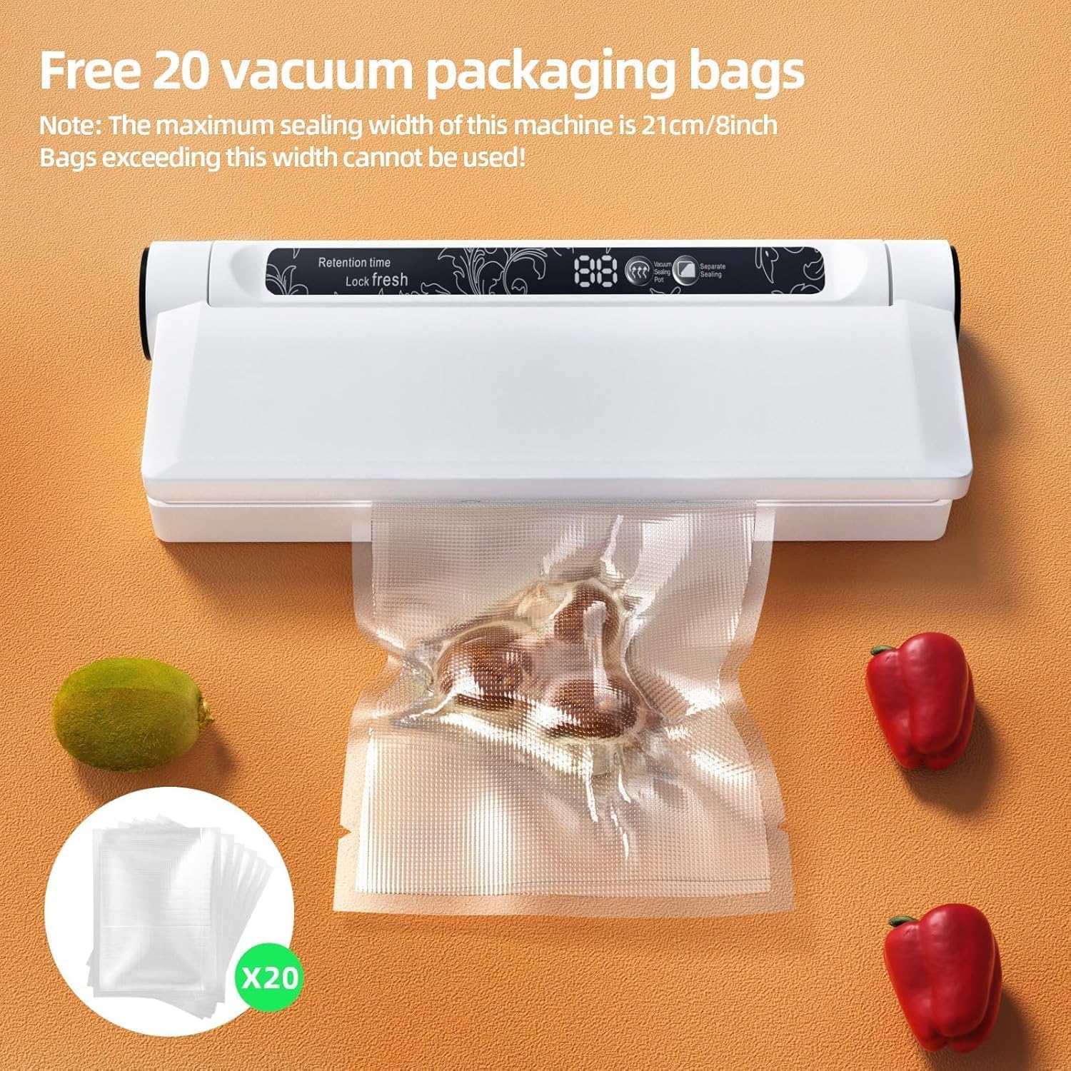 Food Vacuum Sealer Machine, 75KPA Strong Suction, Dry/Wet Modes, 20 Vacuum Seal Bags for Food, Digital Countdown Timer, Compact Lightweight, Ideal for Home Kitchen Use - Image 7