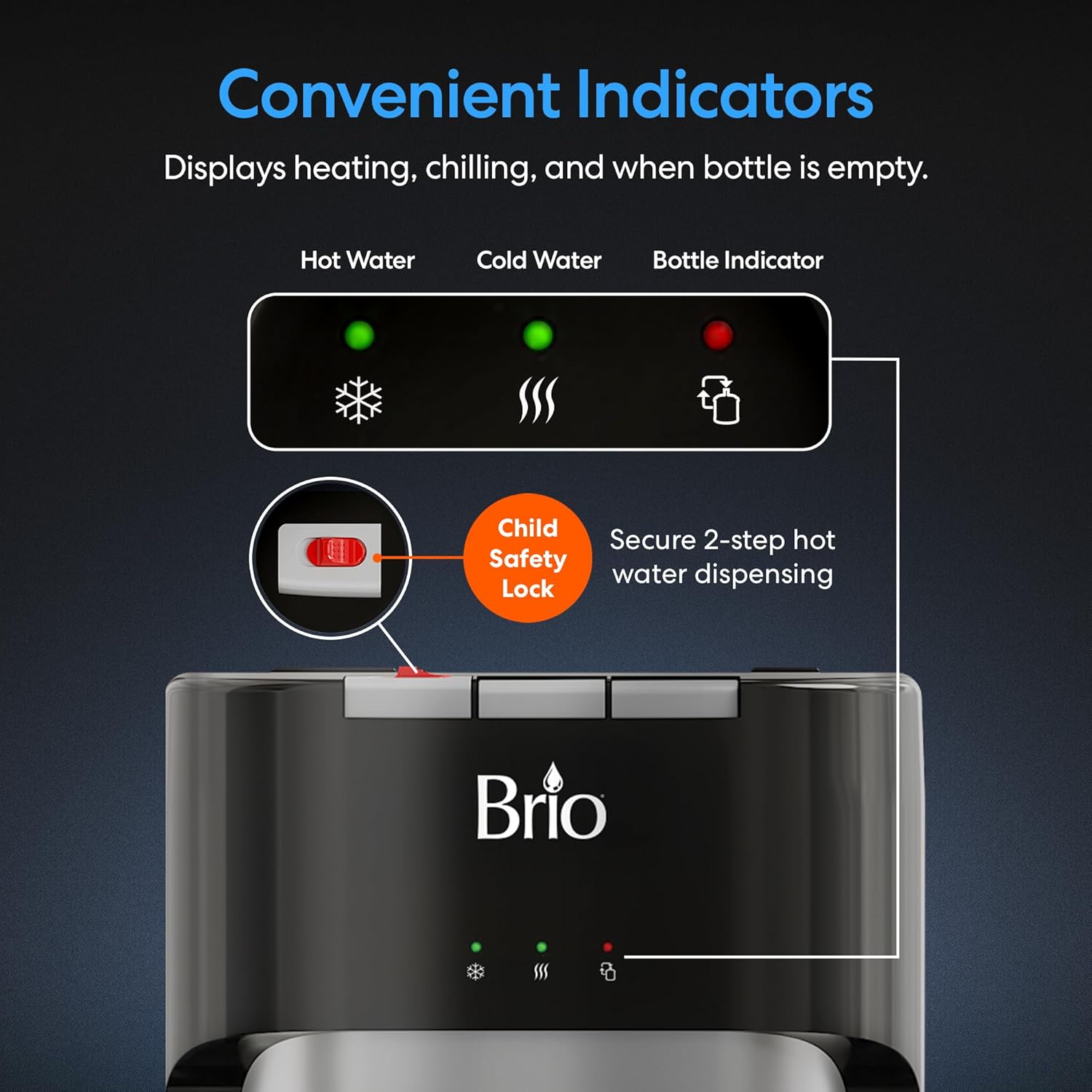 Brio Bottom Loading Water Cooler Dispenser for 5 Gallon Bottles - 3 Temperatures with Hot, Room & Cold Spouts, Child Safety Lock, LED Display with Empty Bottle Alert, Stainless Steel - Image 3