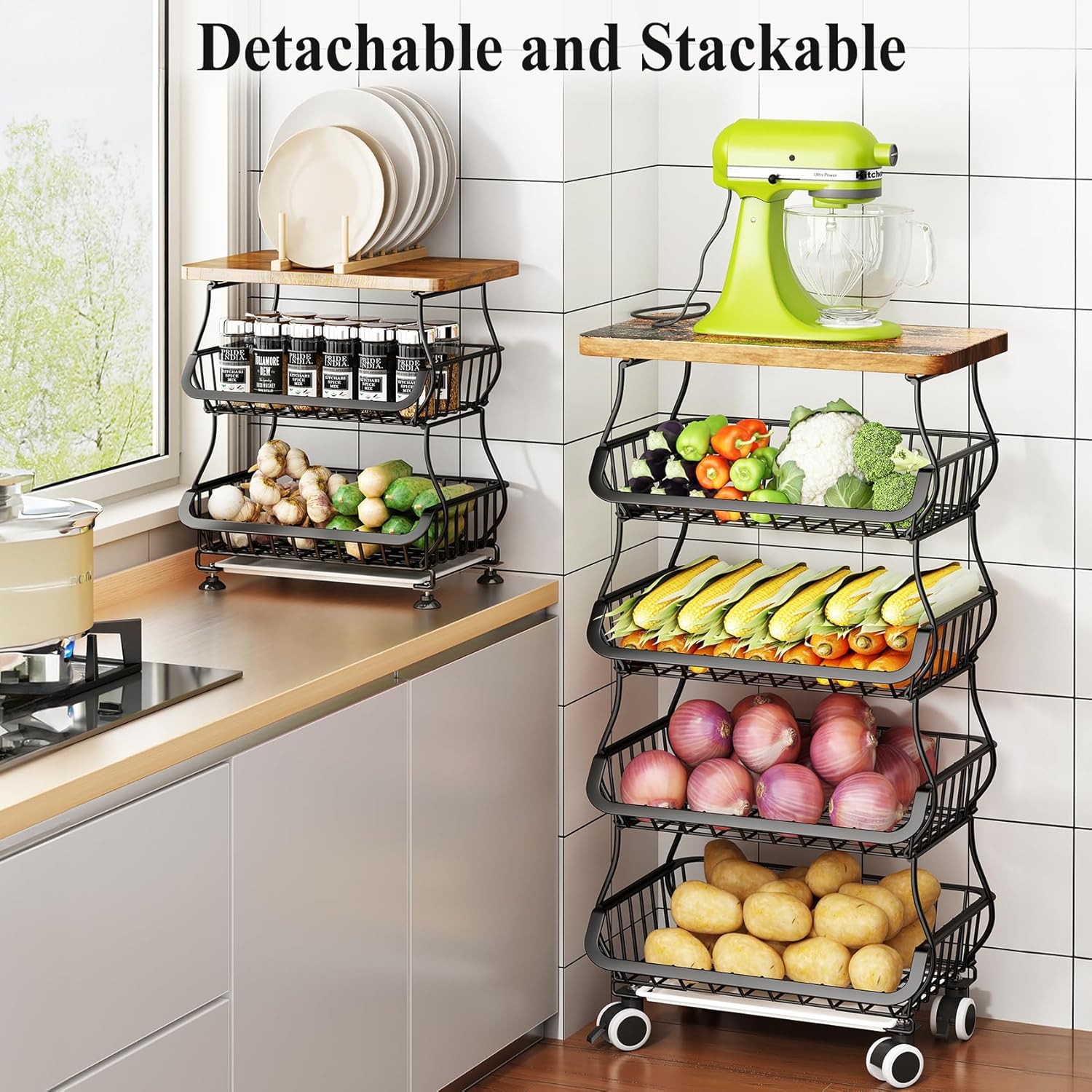 SAYZH Fruit Basket Kitchen Pantry Organizers and Storage - Wooden Top Table, Stackable Metal Wire Basket Stand Cart for Fruit Vegetable Snacks Onion Potato Organization, Black - Image 4