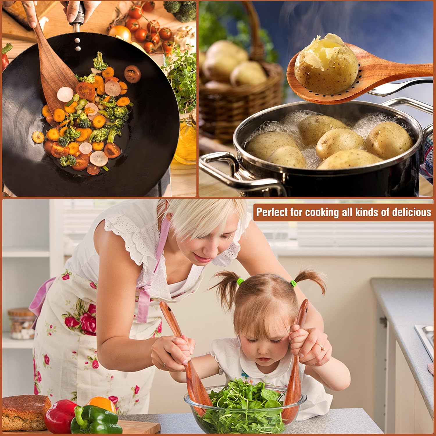 9 Piece Natural Teak Wooden Kitchen Utensil Set with Spoon Rest - Comfort Grip Cooking Spoons and Utensils Holder - Image 8