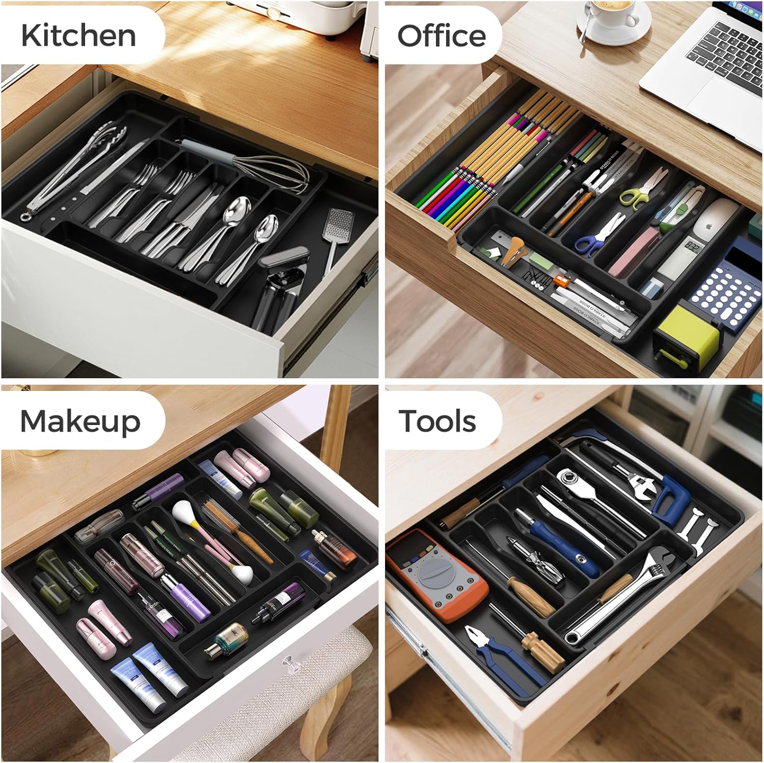 Extra Large Expandable Silverware Organizer, BPA-Free Food-Safe Cutlery Flatware Organizer, Kitchen Utensil Drawer Organizer, Adjustable Silverware Holder for Spoons Forks Knives, Black - Image 8