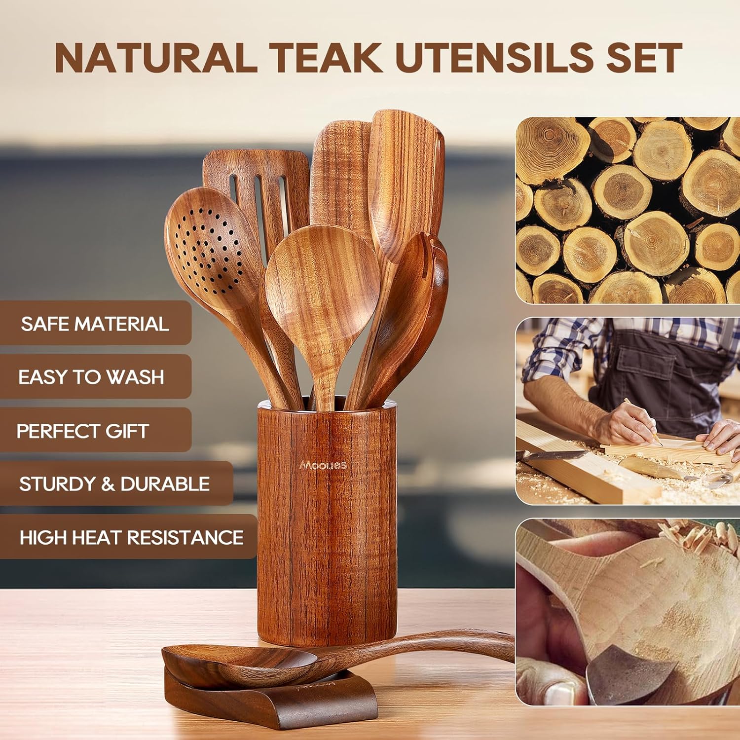 9 Piece Natural Teak Wooden Kitchen Utensil Set with Spoon Rest - Comfort Grip Cooking Spoons and Utensils Holder - Image 2