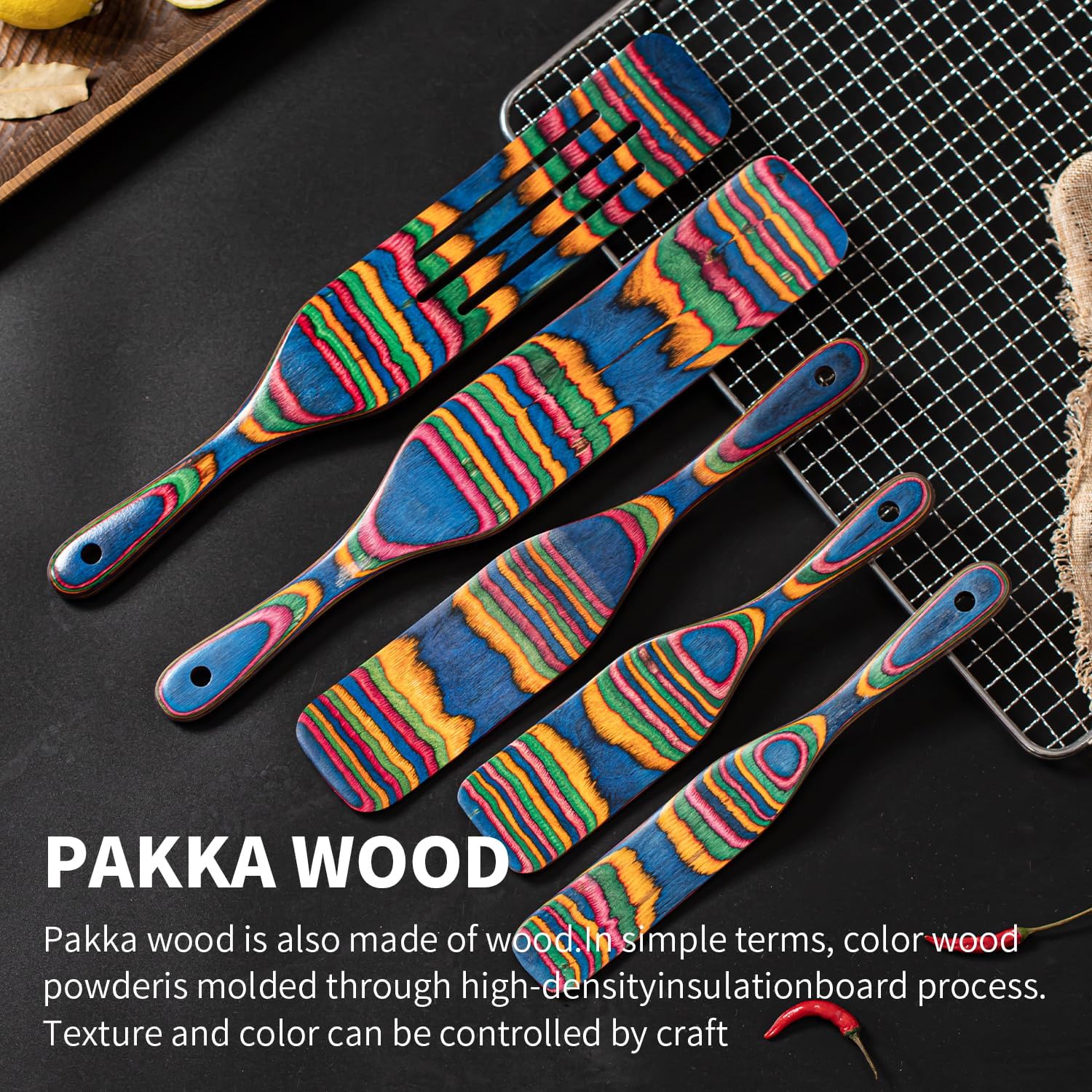 Pakkawood Spurtle Set, Gudamaye 5 Pcs Pakkawood Kitchen Utensils, Wooden Spoons for Cooking, Wooden Utensils for Cooking, Spurtles Kitchen Tools As Seen On Tv, Camping Cookware, Halloween Decorations - Image 3