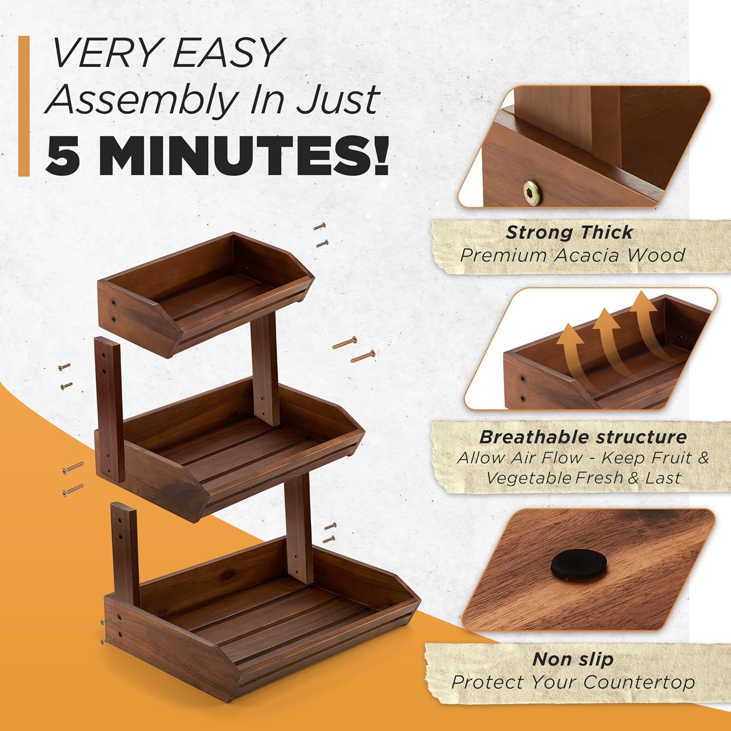 HOLANA Acacia 3 Tier Fruit Basket for Counter – Wooden Fruit Bowl for Kitchen Counter Organizer & Produce Storage Wooden Basket, Snack Organizer for Countertop, Kitchen Counter Storage (Acacia) - Image 2