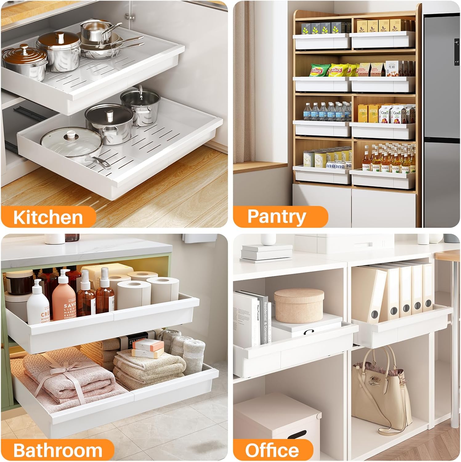 Pull out Cabinet Organizer, 2-Pack Expandable(13.6"-24") Silde out Drawers with Raising Pad for Framed Cabinets, Adjustable Full-Extension Adhesive Roll out Shelves for Kitchen Pantry Home Pot and Pan - Image 9