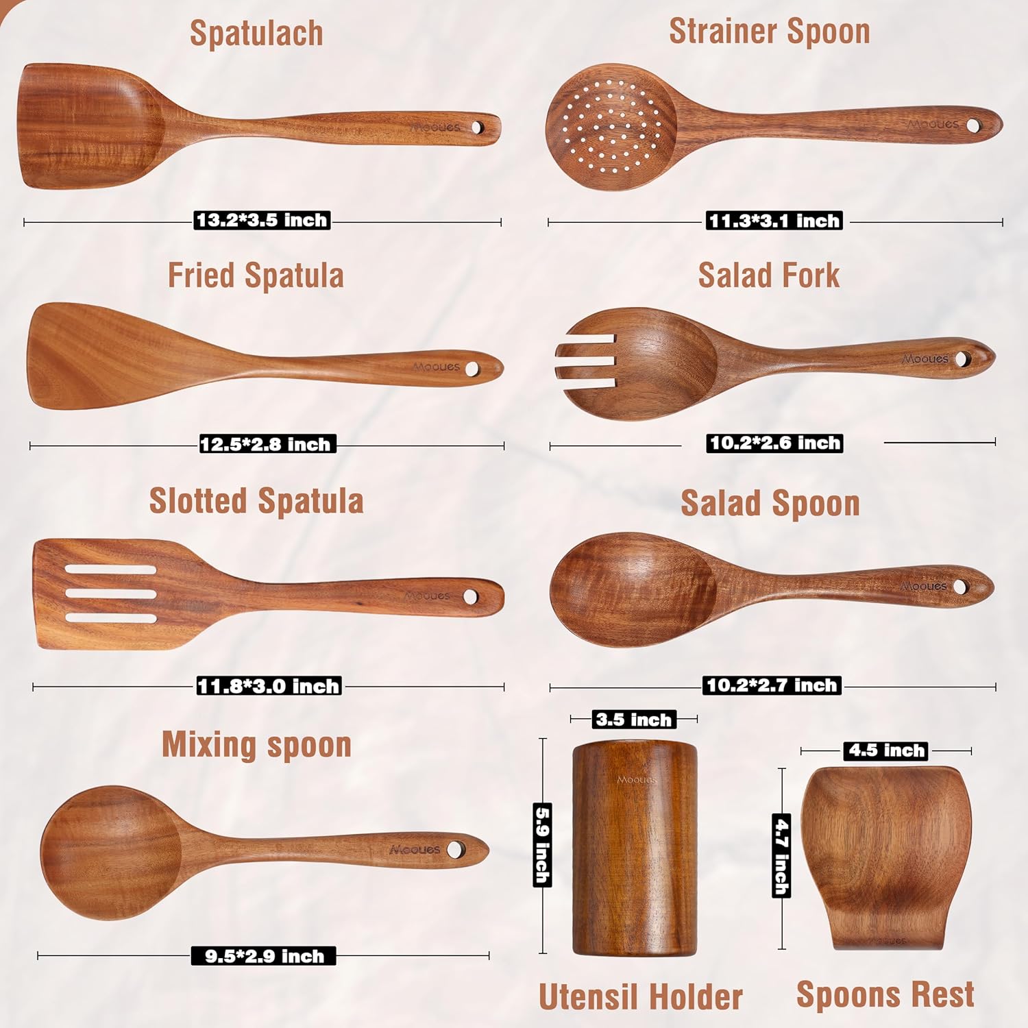 9 Piece Natural Teak Wooden Kitchen Utensil Set with Spoon Rest - Comfort Grip Cooking Spoons and Utensils Holder - Image 3