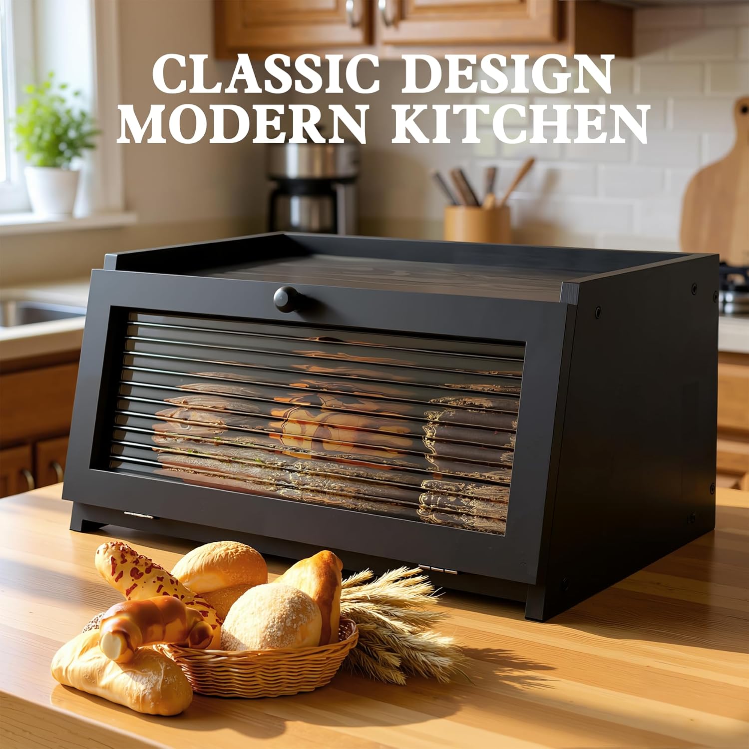 Bread Box for Kitchen Countertop Large Bread Box Farmhouse Bread Container Bread Storage with Window Bread Holder Black - Image 2