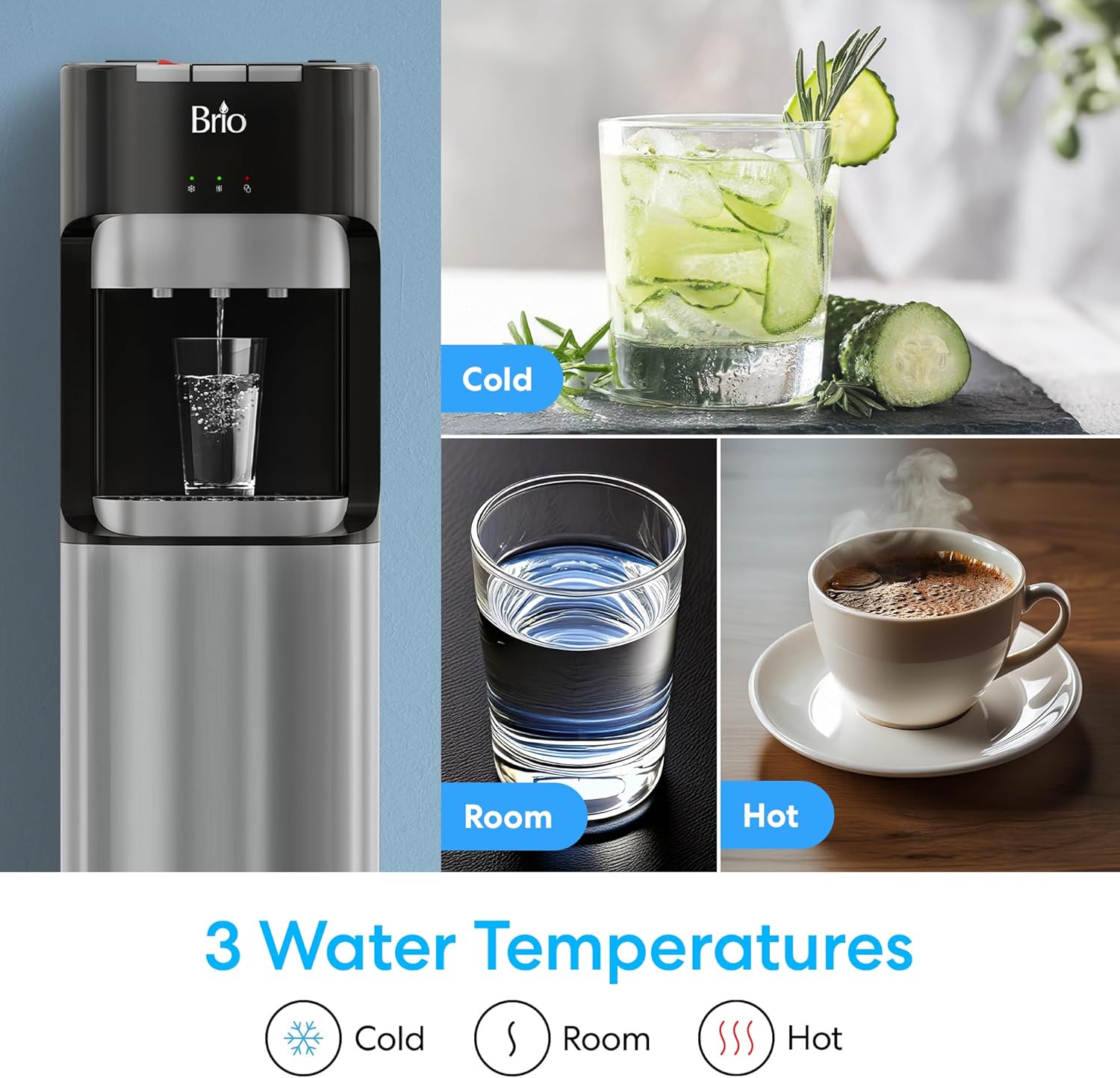 Brio Bottom Loading Water Cooler Dispenser for 5 Gallon Bottles - 3 Temperatures with Hot, Room & Cold Spouts, Child Safety Lock, LED Display with Empty Bottle Alert, Stainless Steel - Image 5