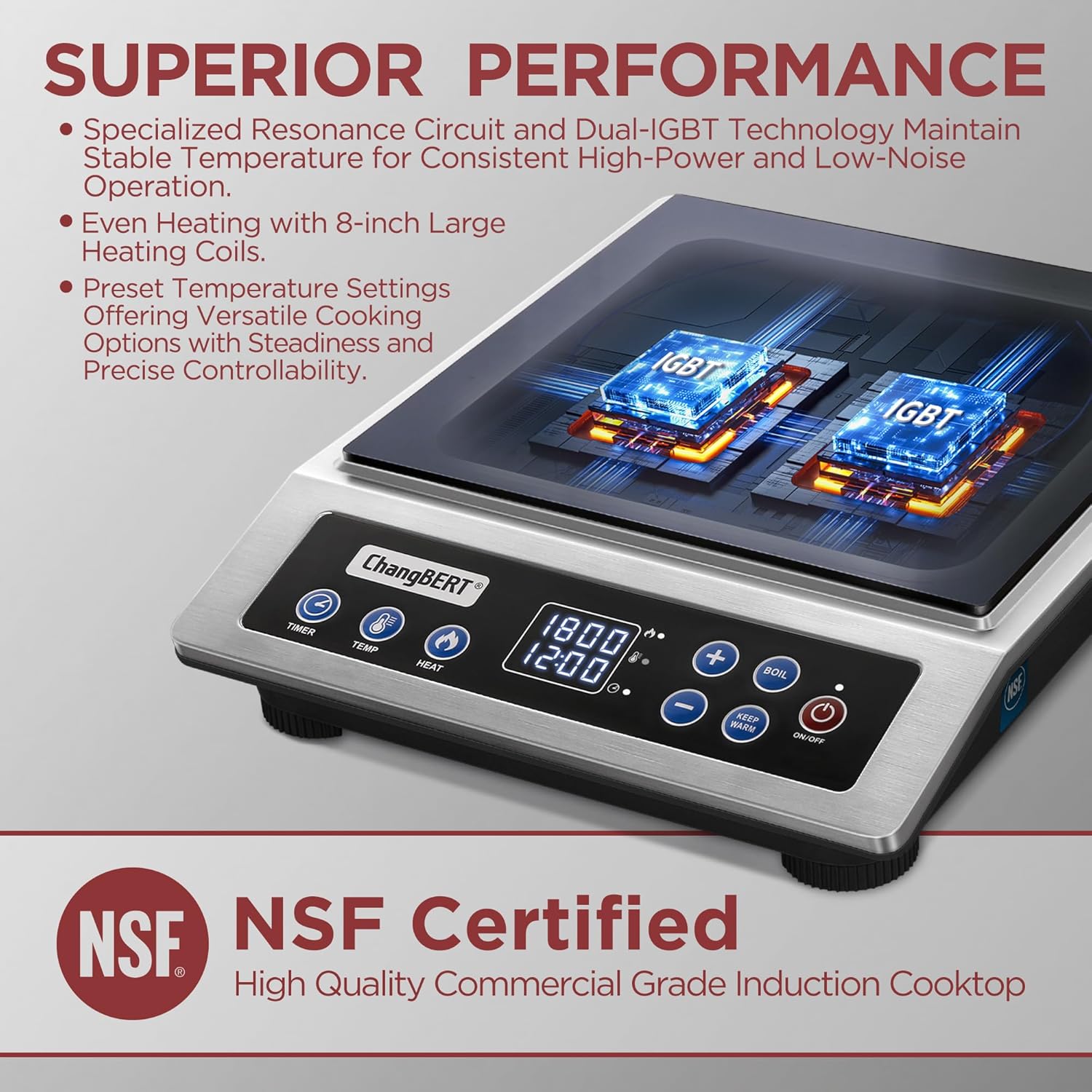 ChangBERT Induction Cooktop NSF Certified Professional Chef Edition Stove, 1800W Commericial Induction Burner with Schott Glass, Large Heating Coil Electric Hot Plate for Restaurant Hotel Food Station - Image 9