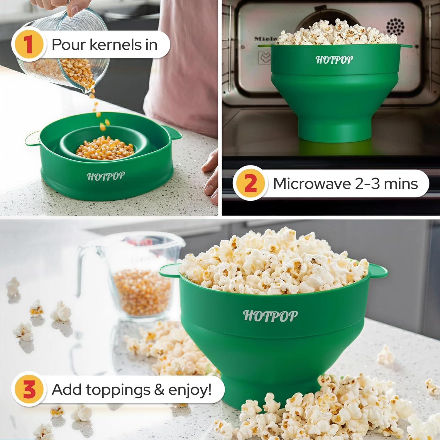 The Original Hotpop Microwave Popcorn Popper, Silicone Popcorn Maker, Collapsible Bowl BPA-Free and Dishwasher Safe- 20 Colors Available (Olive Green) - Image 3