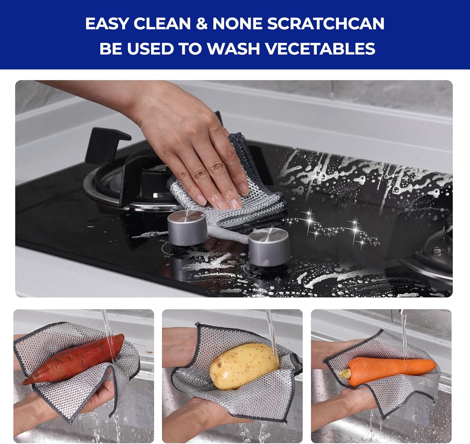 12 PCS 3-Layer Non-Scratch Multipurpose Steel Wire Dishcloths - Reusable Quick-Dry Odor-Free Scrub Cloths for Dishes, Kitchen Cleaning Cloths for Cookware, Sinks, Stove Tops(7.87X7.87) - Image 4