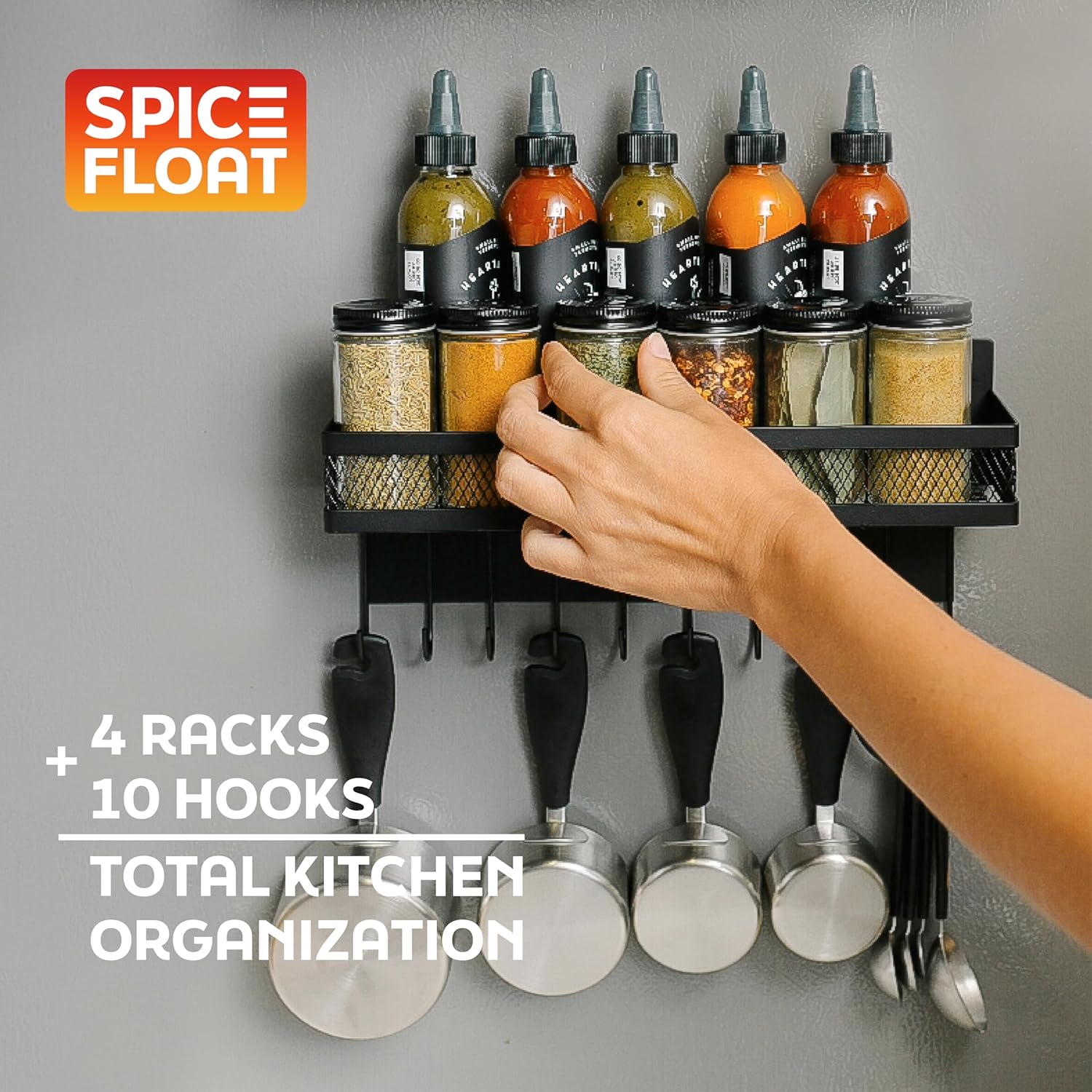 SPICE FLOAT Magnetic Spice Organizer Racks - 4 Premium Metal Racks + 1 Hanging Hook Bar Kitchen Shelf - Seasoning Organizer For Kitchen Appliances (3.94" x 12.2" x 3.15") - Image 3