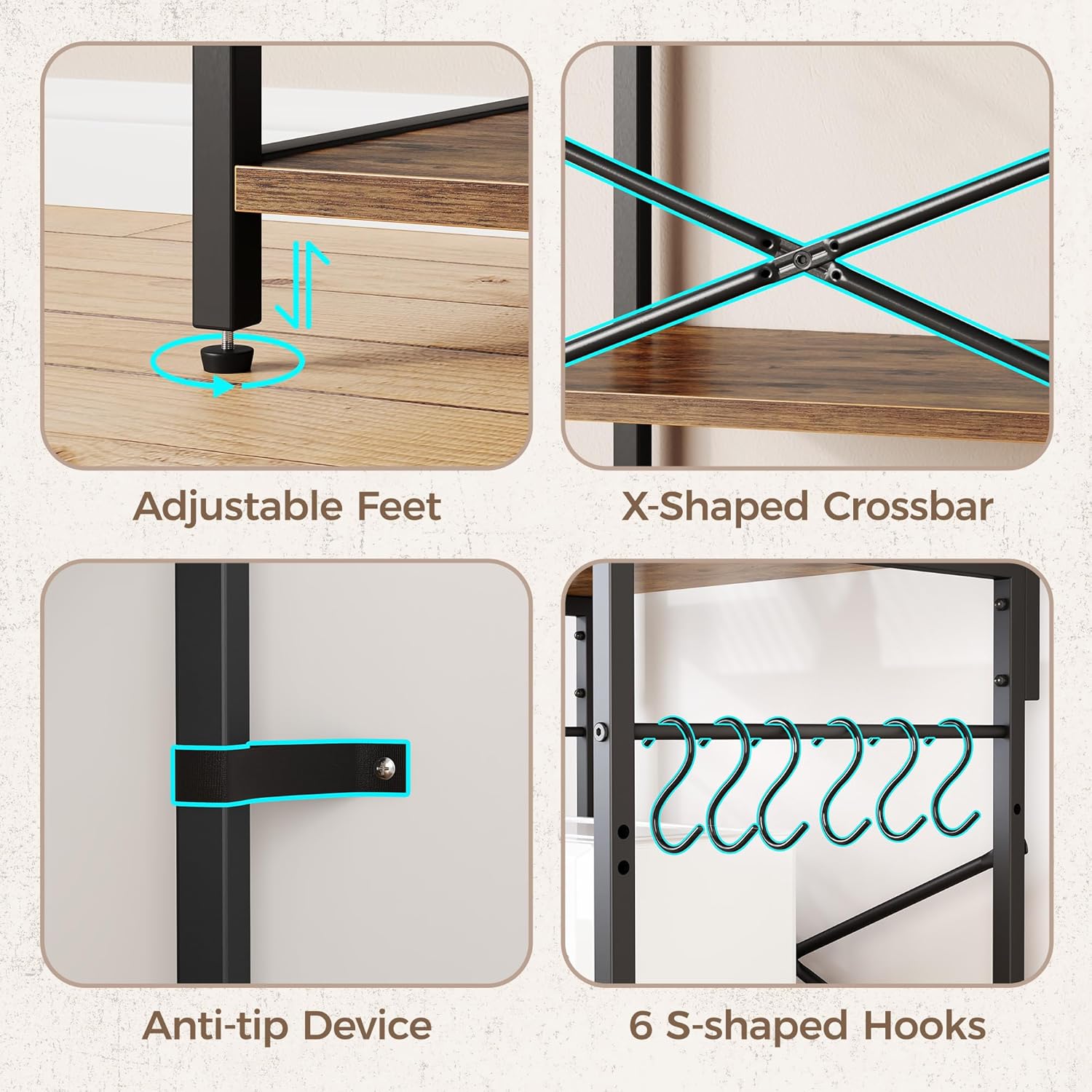 SUPERJARE Kitchen Bakers Rack with Power Outlet, Coffee Bar Table 4 Tiers, Kitchen Microwave Stand with 6 S-shaped Hooks, Storage Shelf Rack for Spices, Pots and Pans - Rustic Brown - Image 8