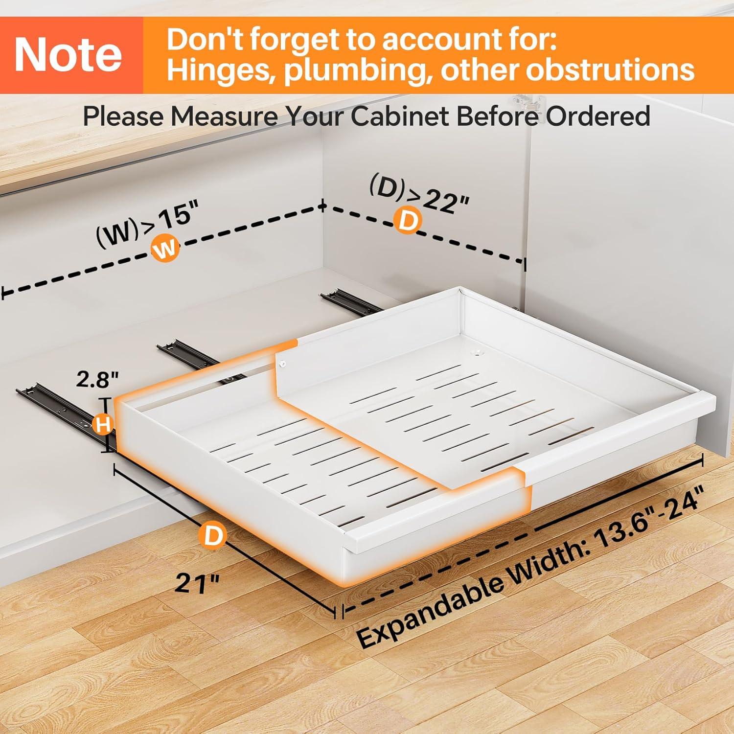 Pull out Cabinet Organizer, 2-Pack Expandable(13.6"-24") Silde out Drawers with Raising Pad for Framed Cabinets, Adjustable Full-Extension Adhesive Roll out Shelves for Kitchen Pantry Home Pot and Pan - Image 4