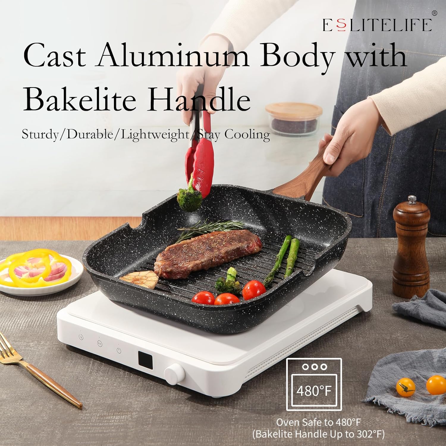 ESLITE LIFE 11 Inch Nonstick Grill Pan with Lid for Indoor Cooking, Versatile Induction Square Large Grilling Skillet Steak Pan for Stove Tops, PTFE & PFOA Free, Black - Image 5