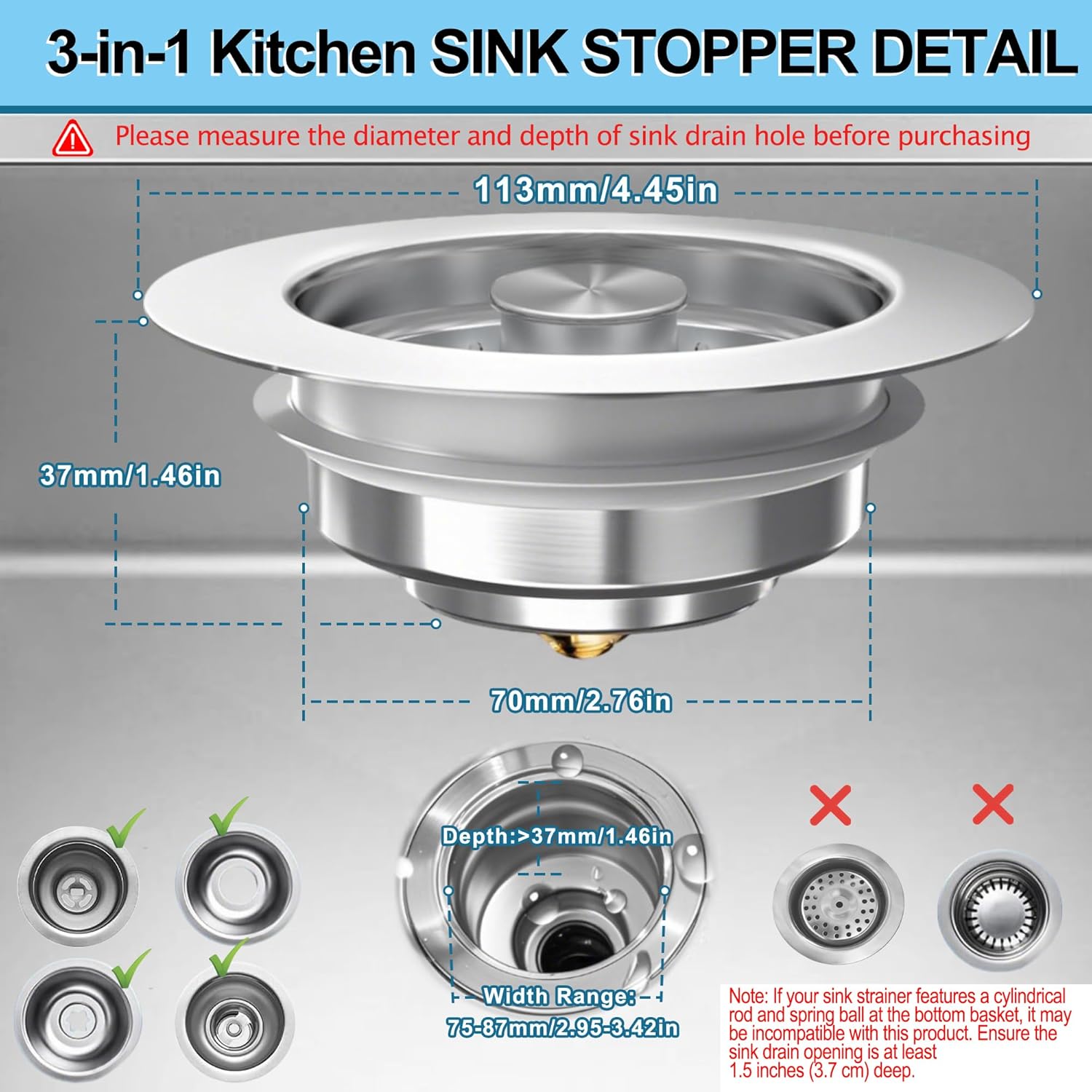 3-in-1 Kitchen Sink Drain Strainer Stopper, Upgraded Stainless Steel Sink Plug with Anti-Clog Filter Basket, Fits Standard 3-1/2 Inch Drain Hole, Pop Up Garbage Disposal Cover Food Catcher - Image 2