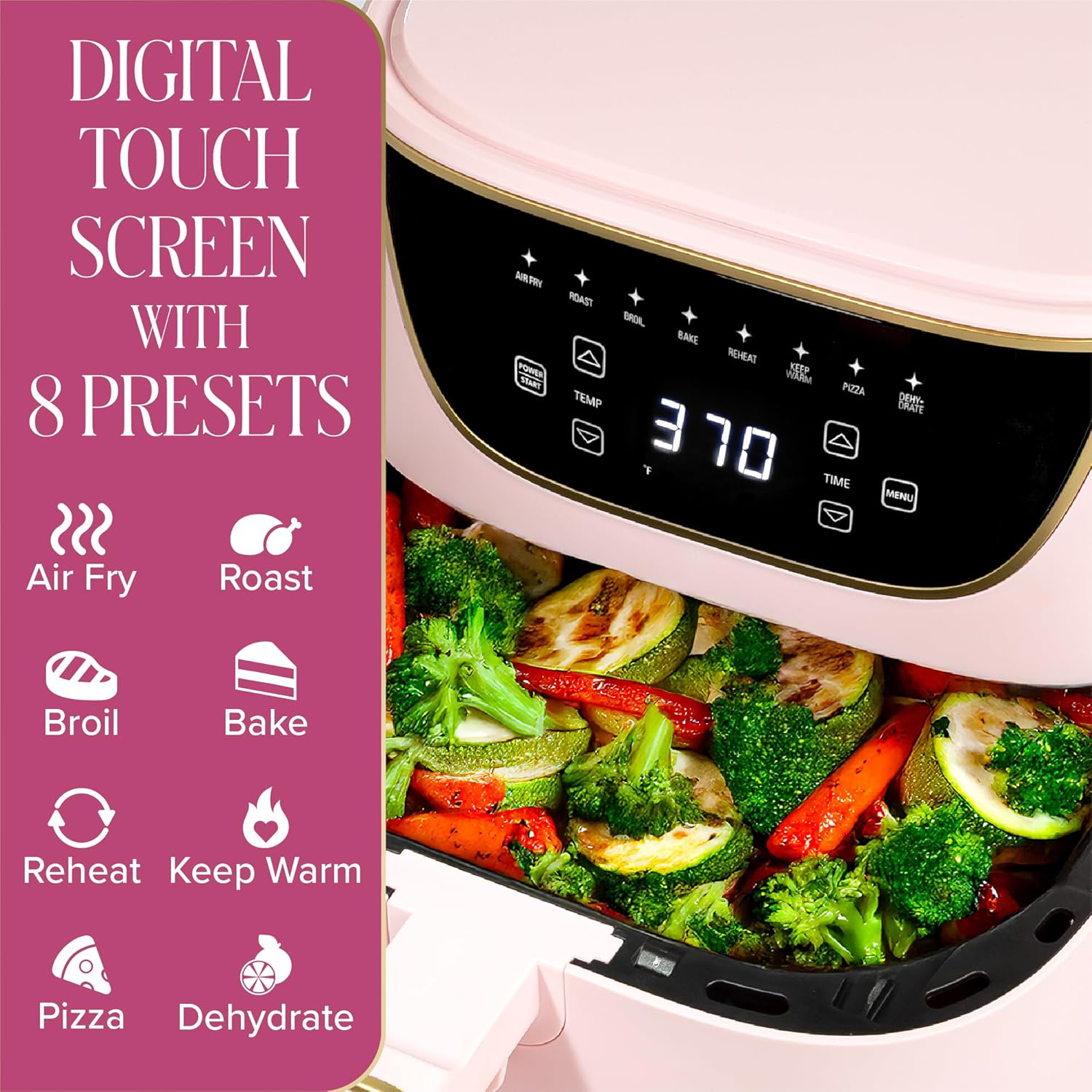 Paris Hilton Air Fryer, Large 6-Quart Capacity, Nonstick Made without PFAS, Touchscreen Display, 8-in-1 (Air Fry, Roast, Broil, Bake, Reheat, Keep Warm, Pizza, Dehydrate), Dishwasher Safe, Pink - Image 3