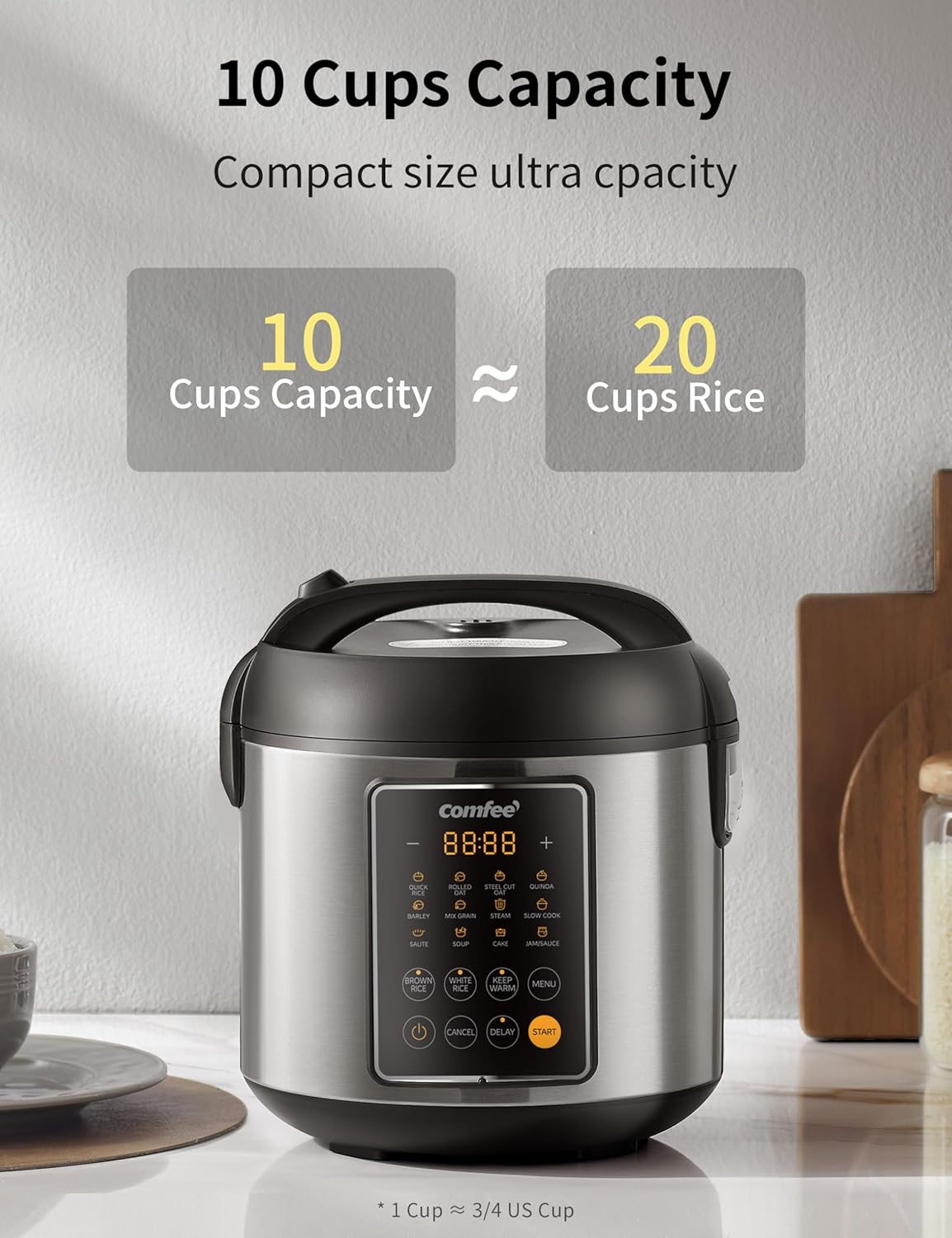 COMFEE' Rice Cooker, 14-in-1 Stainless Steel Multi Cooker, Slow Cooker, Steamer, Sauté, and Warmer, 5.3 QT, 20 Cups Cooked (10 Cups Uncooked), Brown Rice, Quinoa and Oatmeal - Image 4