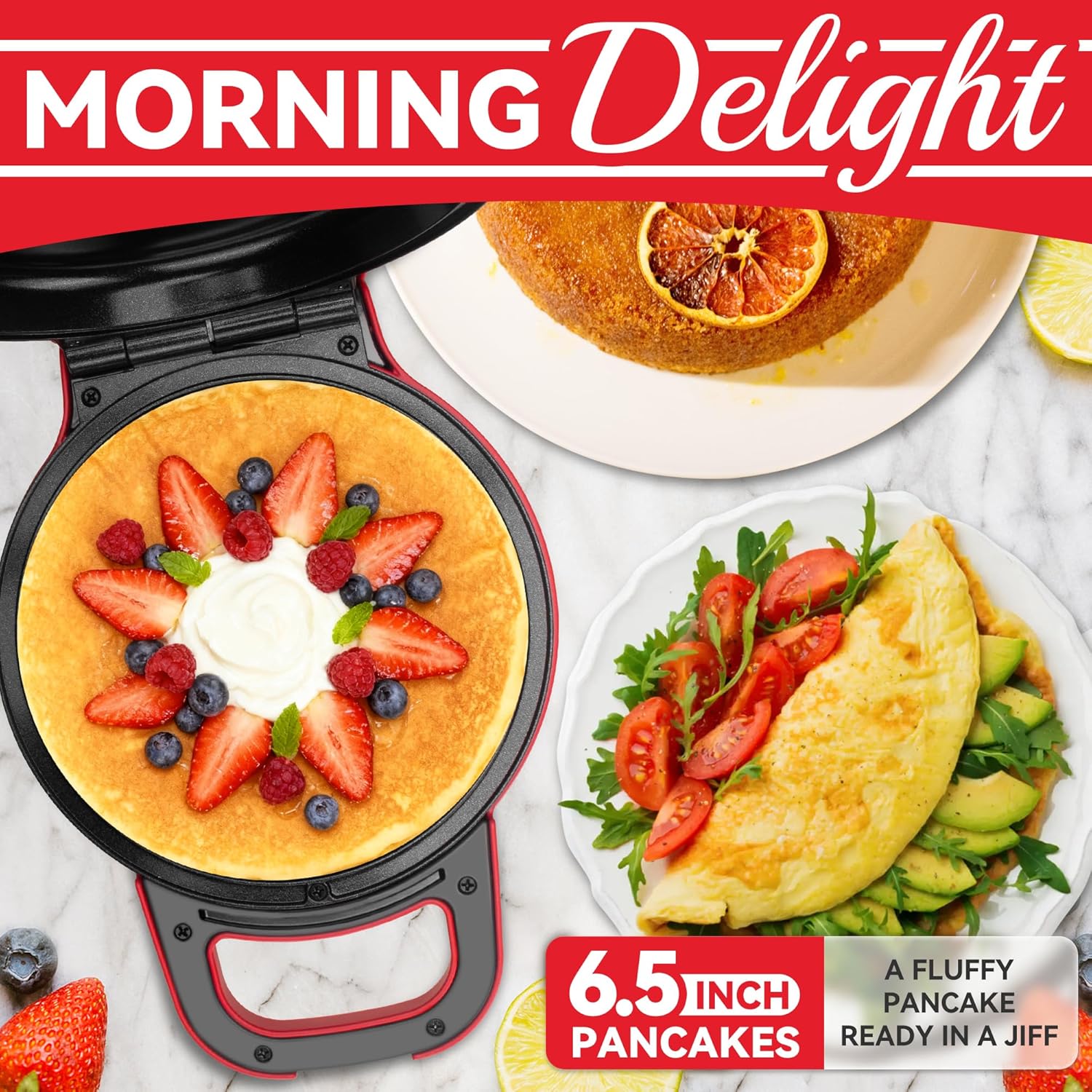 Flip Pancake Maker Machine, Ceramic Coated Pancake Pan for 6.5 Inch Pancakes, Omelette, Crepe & Quesadilla, Frittata, Double Sided Omelette Pan Nonstick, Red - Image 3