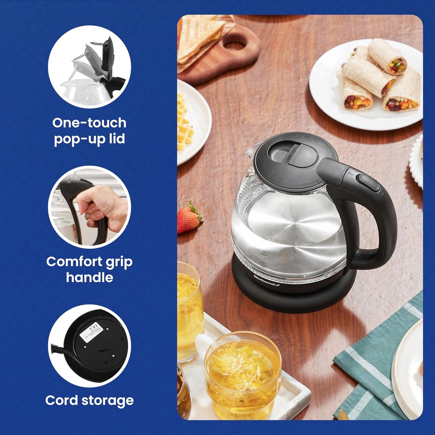 Elite Gourmet EKT1001 Electric 1.0L BPA-Free 1100W Glass Kettle Cordless 360° Base, Stylish Blue LED Interior, Handy Auto Shut-Off Function – Quickly Boil Water For Tea & More, Black - Image 6