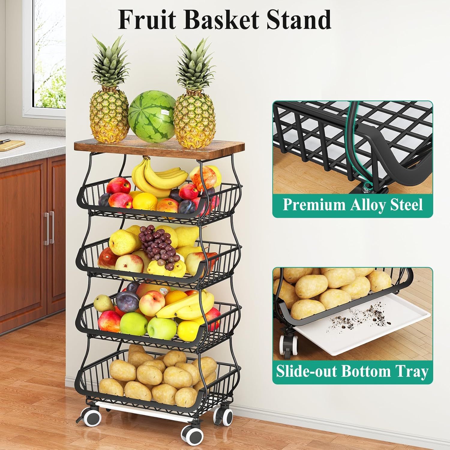 SAYZH Fruit Basket Kitchen Pantry Organizers and Storage - Wooden Top Table, Stackable Metal Wire Basket Stand Cart for Fruit Vegetable Snacks Onion Potato Organization, Black - Image 2
