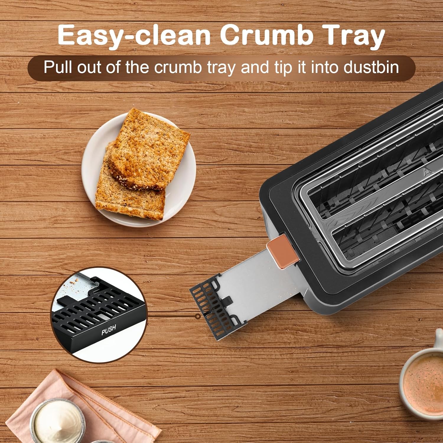 Mecity 4 Slice Toaster, Long Slot Toaster With Warming Rack, Timer, Bagel, Defrost, Reheat Functions, Crumb Tray, 6 Browning Settings, Extra Wide Long Slots, Stainless Steel, 1300W, Grey - Image 7