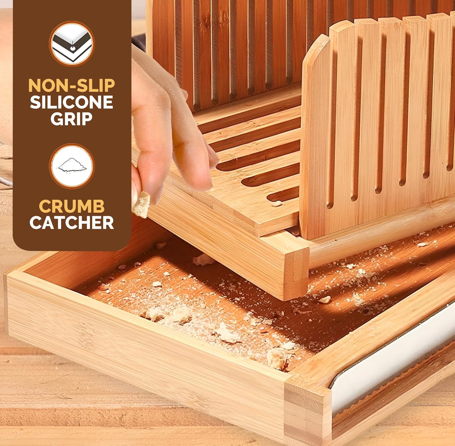 Bread Slicer for Homemade Bread - Adjustable Bamboo Bread Cutter with Knife, Foldable Slicing Guide & Crumb Tray - Bread Loaf Slicer for Sourdough, Cakes, Bagels, Loaves - Kitchen Gadgets Baking Gifts - Image 7