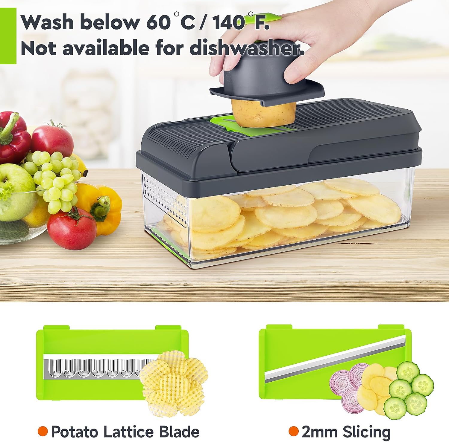 12-in-1 Vegetable Chopper, 7 Blade Veggie Chopper, Practical Food Chopper with Container, Cheese Grater, Home Essentials & Kitchen Gadgets(Green/Grey) - Image 3