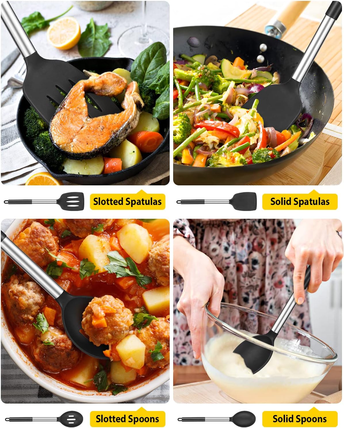 Pack of 4 Silicone Cooking Utensils Set, Non Stick Large Solid Spatulas, Heat Resistant Black Slotted Spoons, Ideal BPA Free Kitchen Turners for Frying, Mixing,Serving,Draining,Turning,Stirring - Image 3
