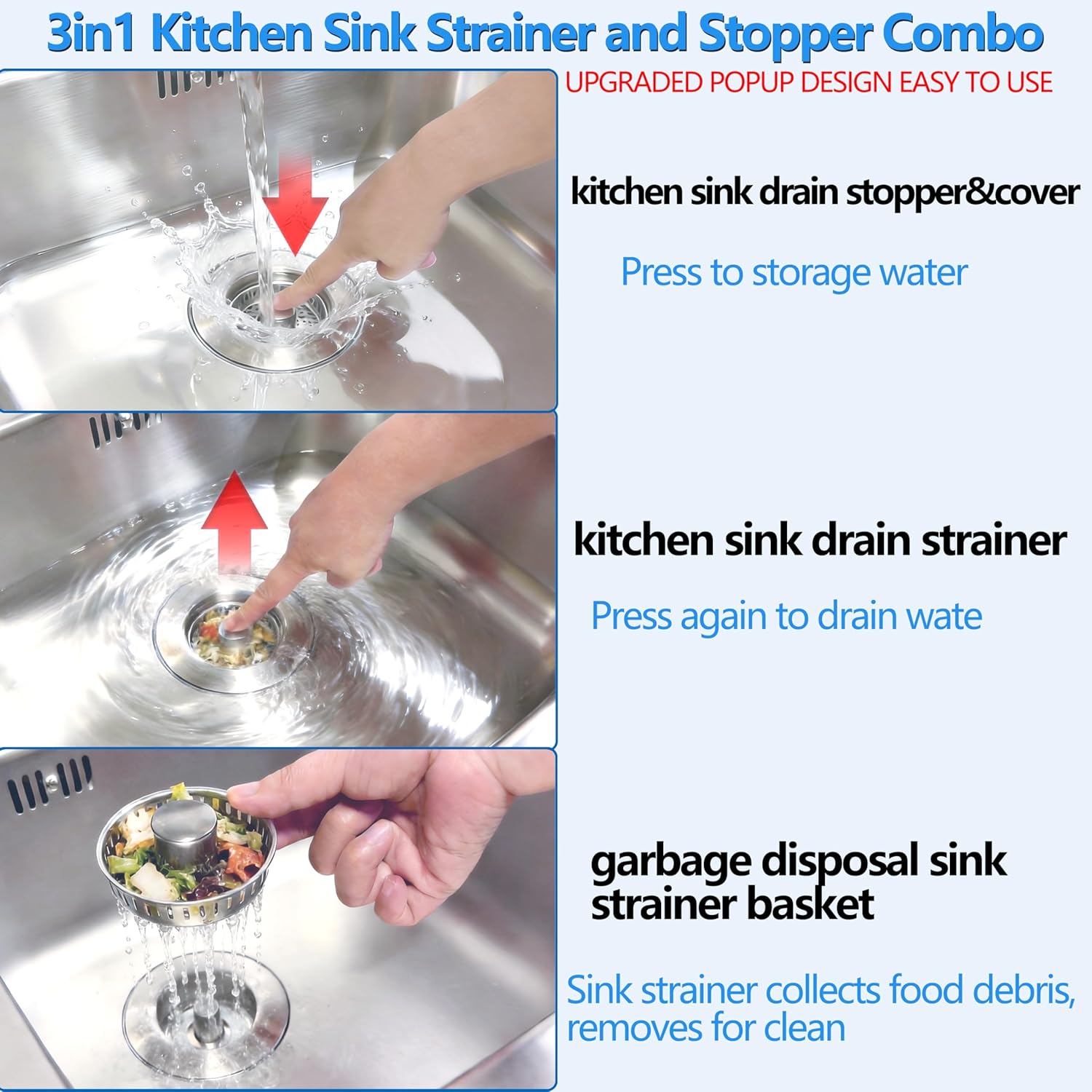 3-in-1 Kitchen Sink Drain Strainer Stopper, Upgraded Stainless Steel Sink Plug with Anti-Clog Filter Basket, Fits Standard 3-1/2 Inch Drain Hole, Pop Up Garbage Disposal Cover Food Catcher - Image 4