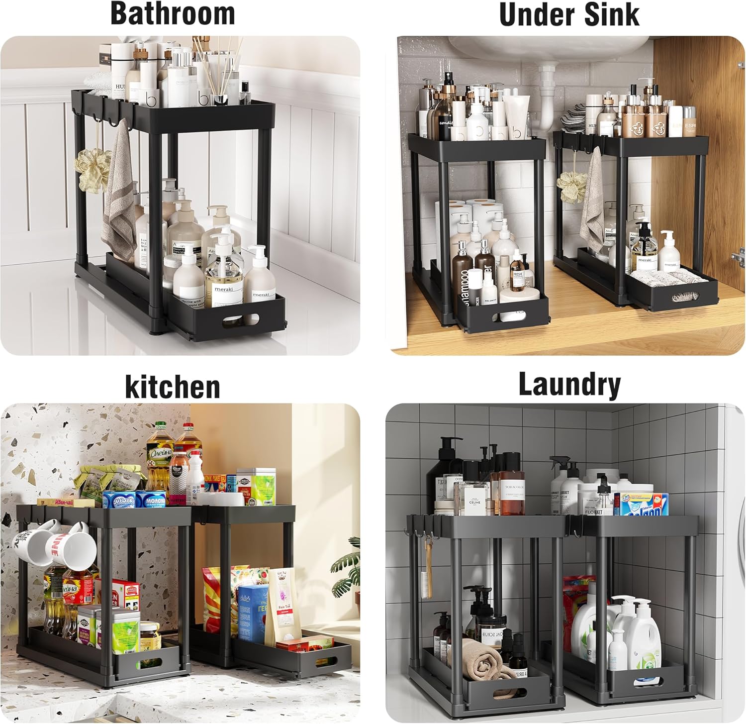 2 Pack Pull-Out Storage Organizers, Under Sink Organizer and Storage for Bathroom & Kitchen,Multi-Purpose Under Cabinet Organizers and storage Black - Image 6