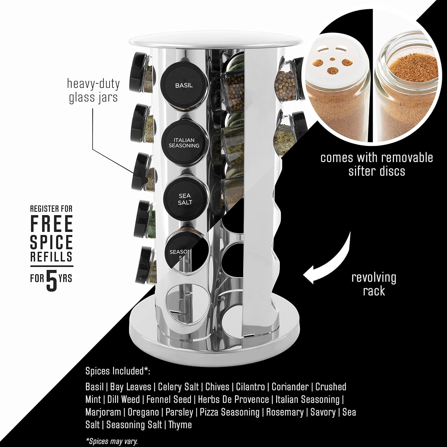 Kamenstein 20 Jar Revolving Countertop Spice Rack with Spices Included, FREE Spice Refills for 5 Years, Polished Stainless Steel with Black Caps, 30020 - Image 3
