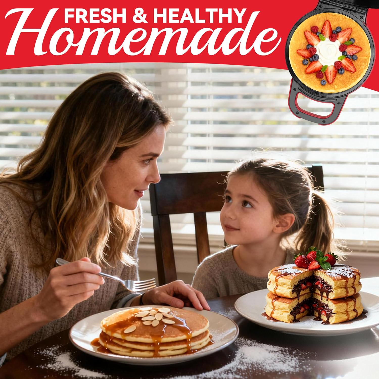 Flip Pancake Maker Machine, Ceramic Coated Pancake Pan for 6.5 Inch Pancakes, Omelette, Crepe & Quesadilla, Frittata, Double Sided Omelette Pan Nonstick, Red - Image 7