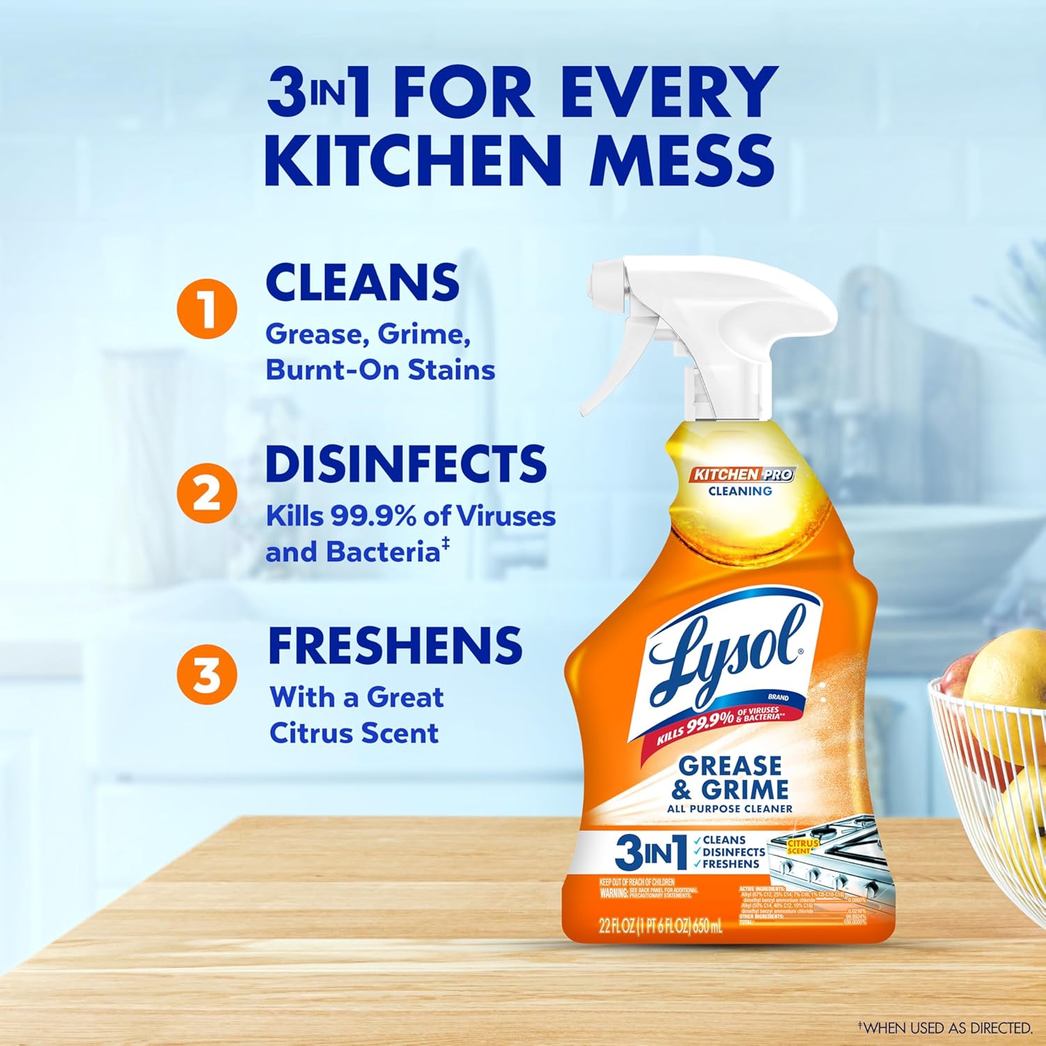 Lysol Pro Kitchen Spray Cleaner and Degreaser, Antibacterial All Purpose Cleaning Spray for Kitchens, Countertops, Ovens, and Appliances, Citrus Scent, 22oz - Image 2