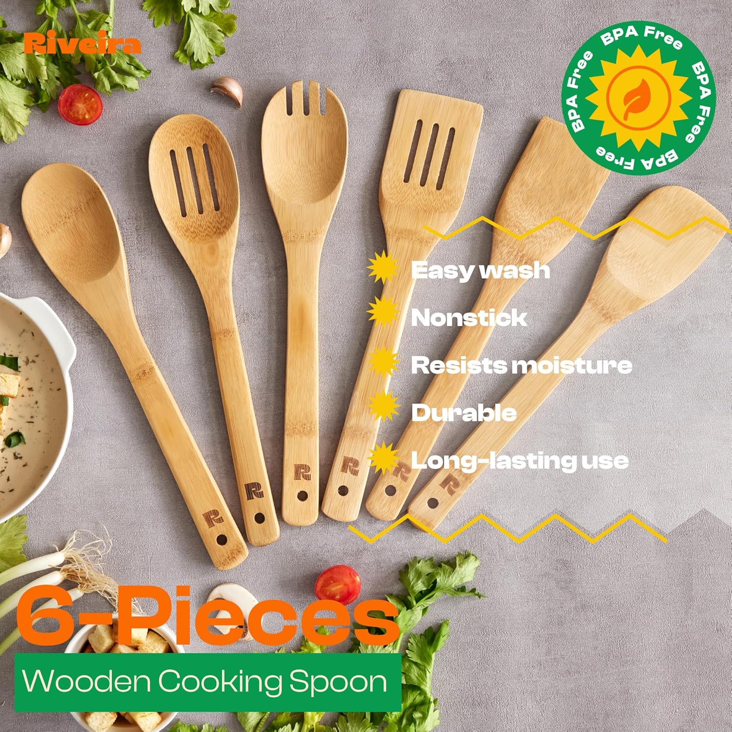 Riveira Bamboo Cooking Spoons 6-Piece – Wooden Cooking Utensils Set with Wooden Spoons for Cooking & Spatulas Wooden Utensil Sets – Premium Kitchen Utensils Set – Durable First Apartment Essentials - Image 5