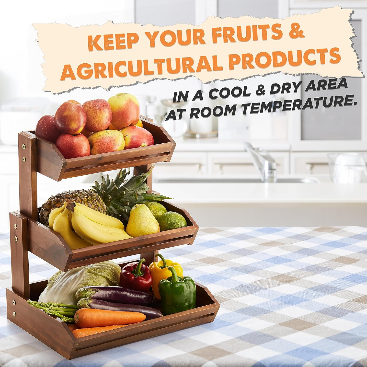 HOLANA Acacia 3 Tier Fruit Basket for Counter – Wooden Fruit Bowl for Kitchen Counter Organizer & Produce Storage Wooden Basket, Snack Organizer for Countertop, Kitchen Counter Storage (Acacia) - Image 4