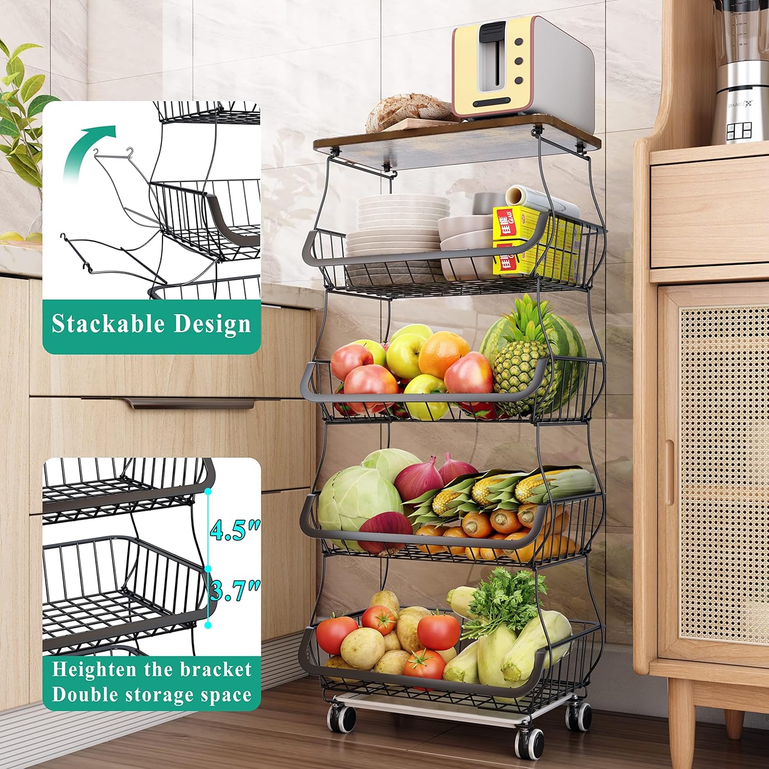 SAYZH Fruit Basket Kitchen Pantry Organizers and Storage - Wooden Top Table, Stackable Metal Wire Basket Stand Cart for Fruit Vegetable Snacks Onion Potato Organization, Black - Image 3