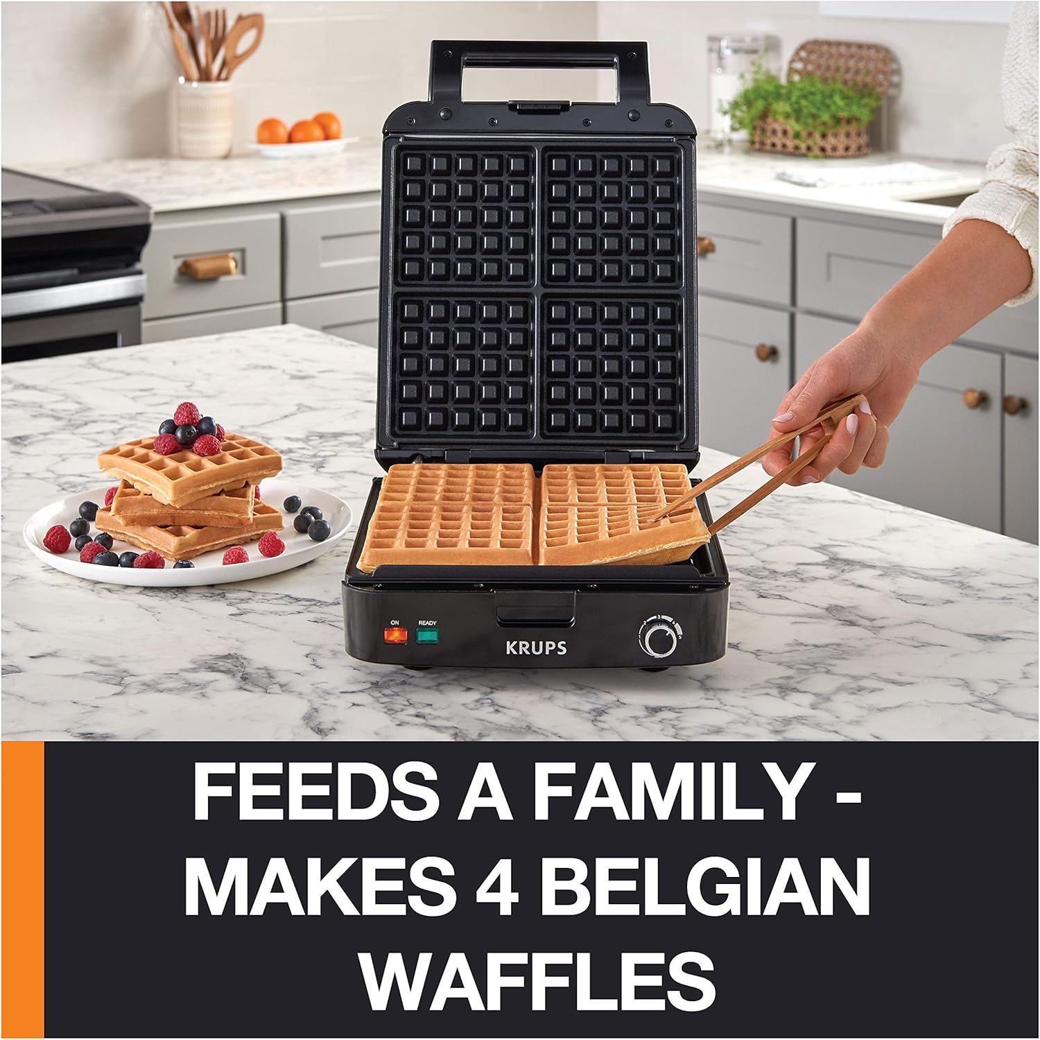 KRUPS 4-Slice Belgian Waffle Maker: Stainless Steel, 5 Browning Levels, Audible Ready Beep, Removable Plates, 1200W, Silver/Black, Large Waffle Maker Family Size, Great for Family Breakfasts - Image 2