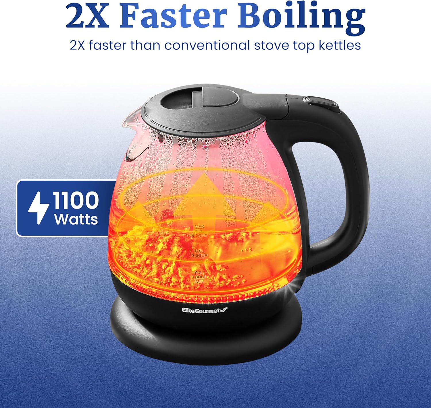 Elite Gourmet EKT1001 Electric 1.0L BPA-Free 1100W Glass Kettle Cordless 360° Base, Stylish Blue LED Interior, Handy Auto Shut-Off Function – Quickly Boil Water For Tea & More, Black - Image 2