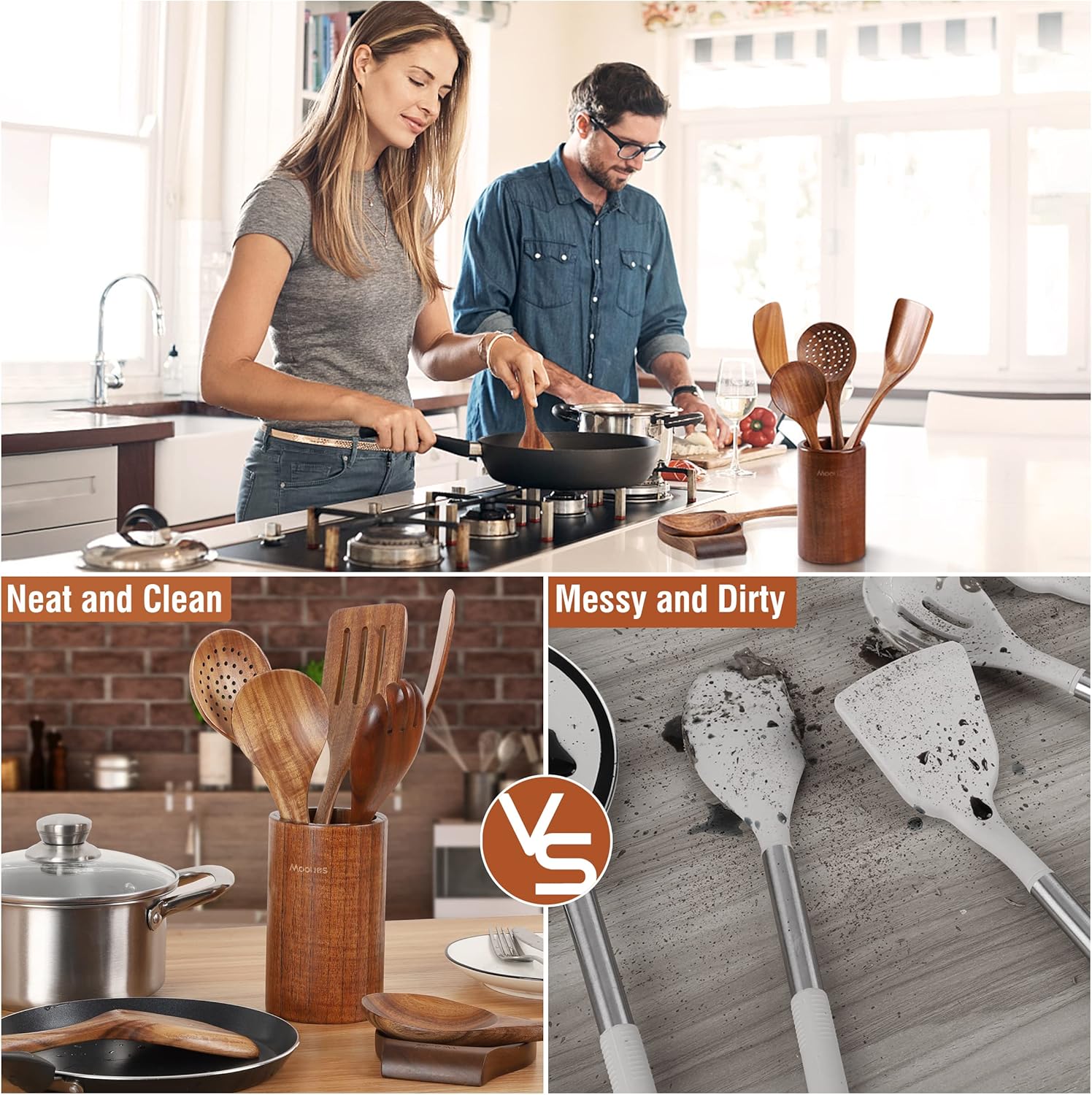 9 Piece Natural Teak Wooden Kitchen Utensil Set with Spoon Rest - Comfort Grip Cooking Spoons and Utensils Holder - Image 5