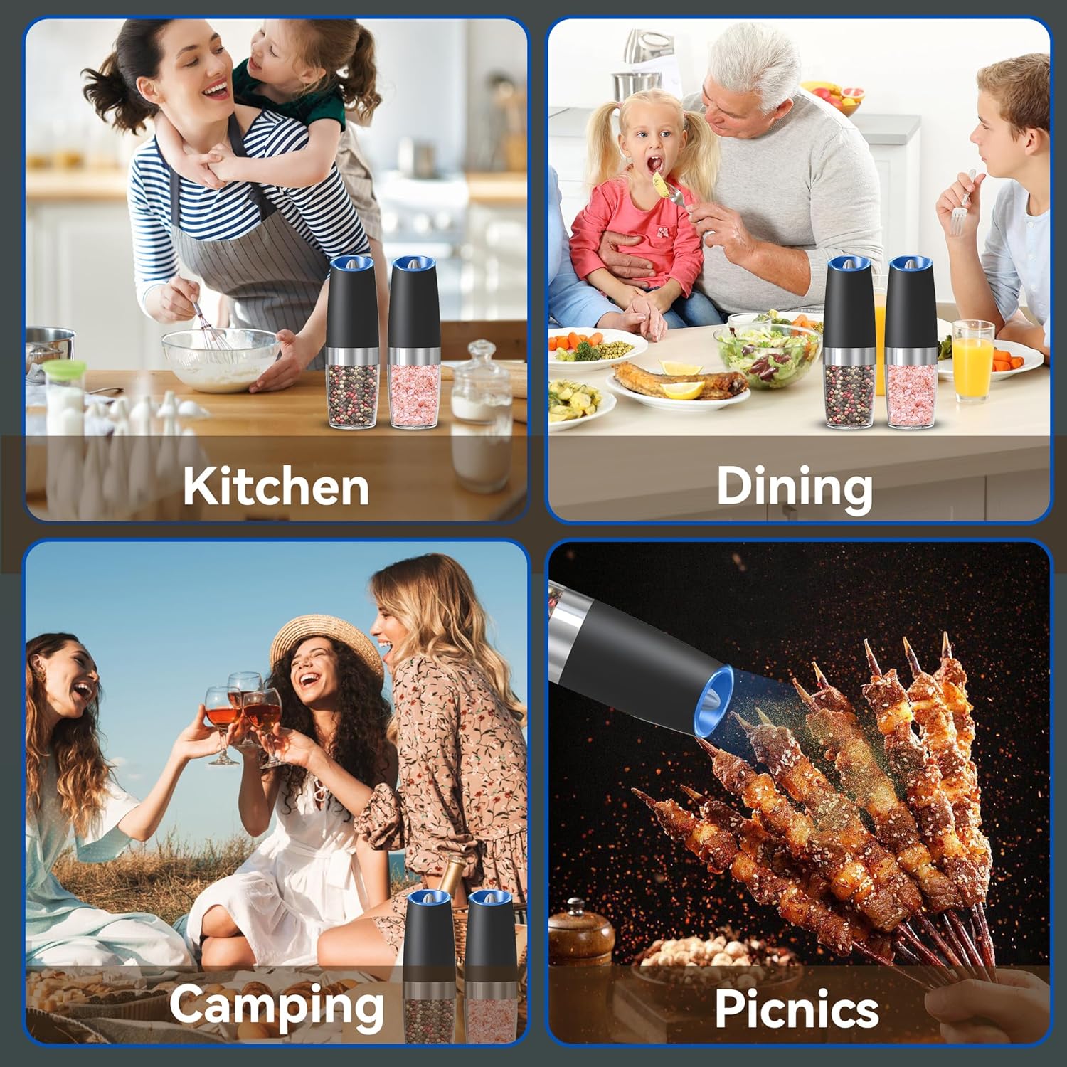 Gravity Electric Salt and Pepper Grinder set of 2, Automatic Salt And Pepper Grinder Set, Adjustable Roughness, Battery Powered, LED Light, 2 Pack, (Black) - Image 7