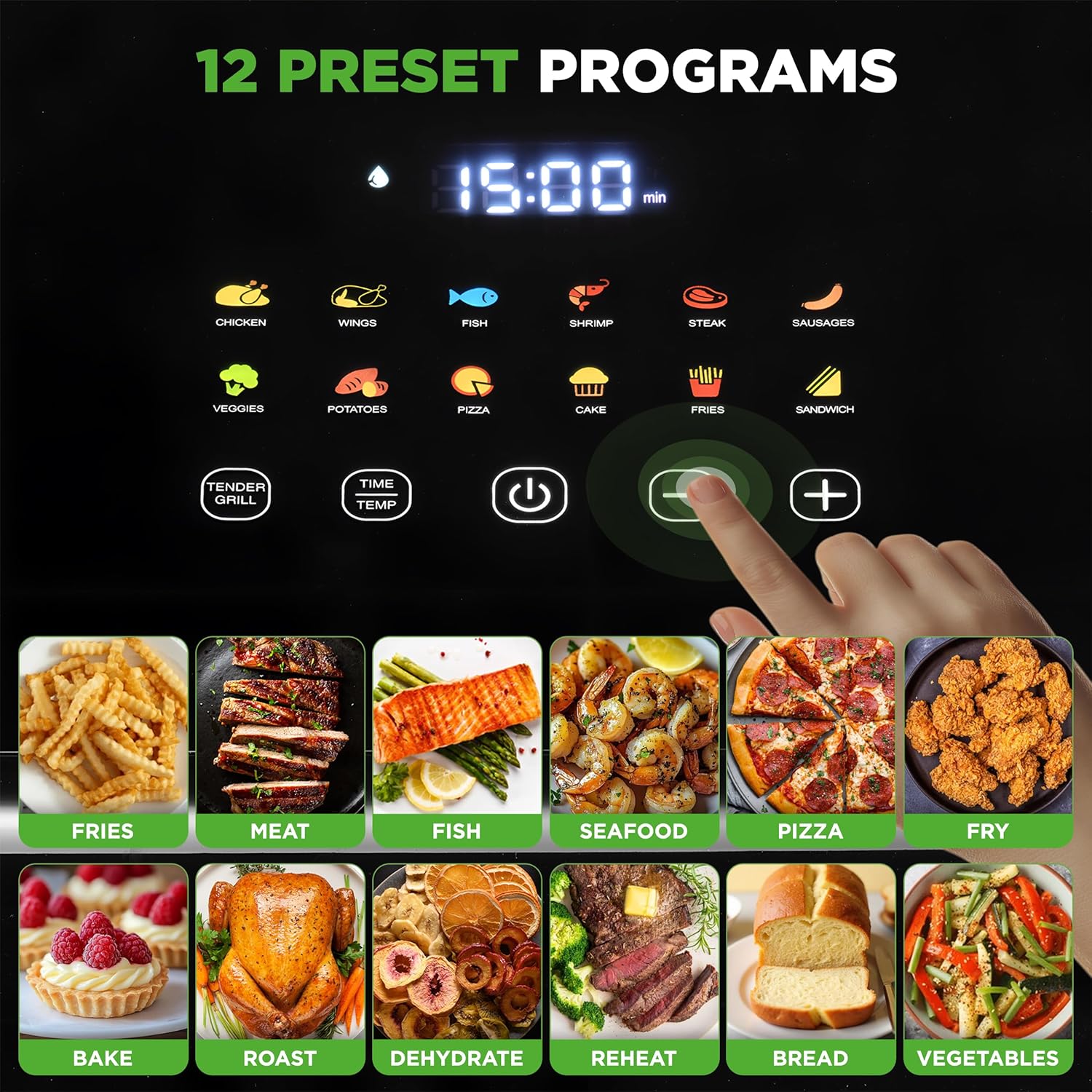 Nutrichef Electric Air Fryer Large 6.3 Quart Capacity | 12-1 Preset Cooking Functions | Includes Tenderizing Function | Digital Display | Transparent Window For Best Cooking Results | Black - Image 3