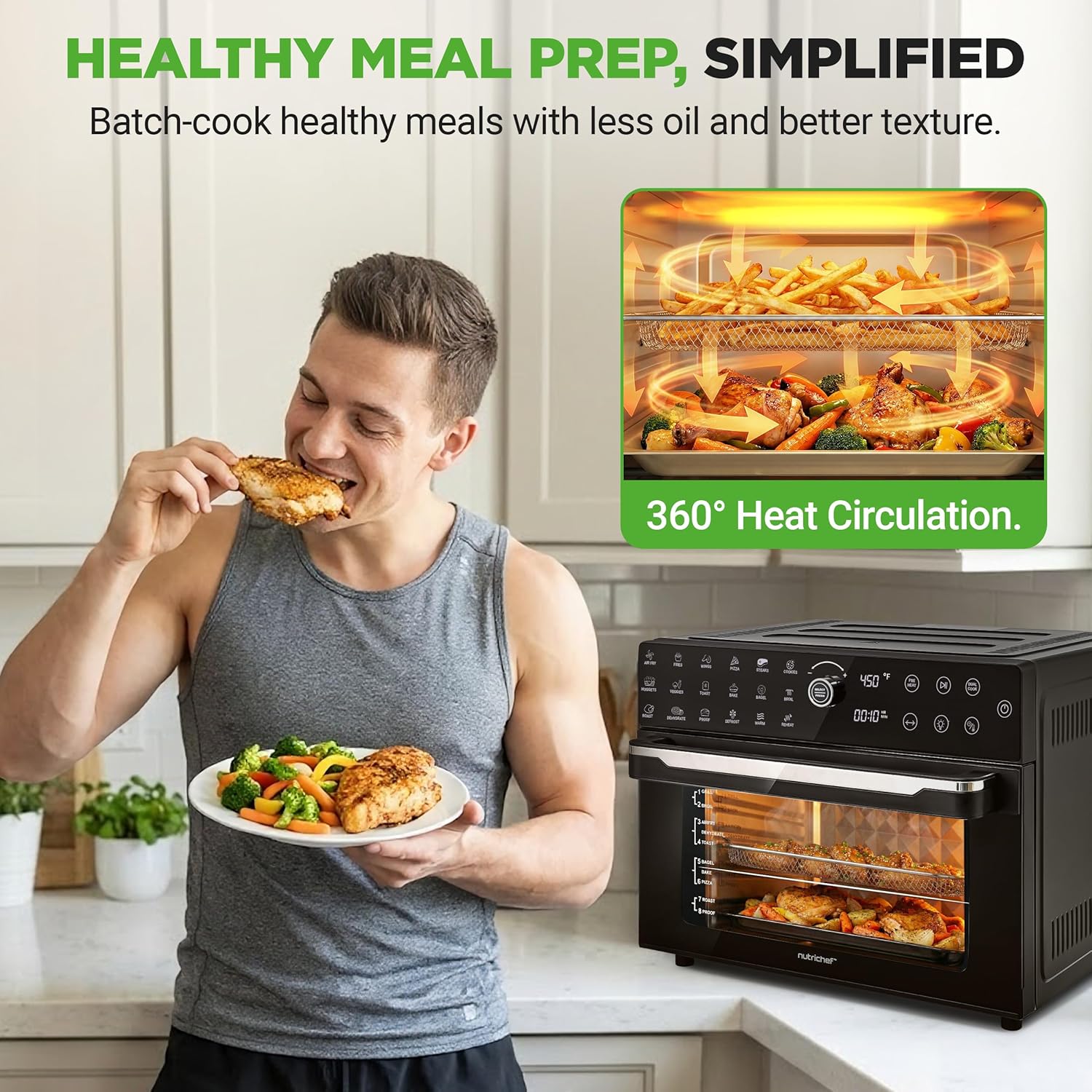 NutriChef 32 Quart Air Fryer & Oven | Digital Airfryer with 20 Presets, Dual Cook, Rotisserie, Bake & More | Multi-Function Convection Countertop Oven | Large Capacity | 18" x 17" x 14 | Black - Image 8