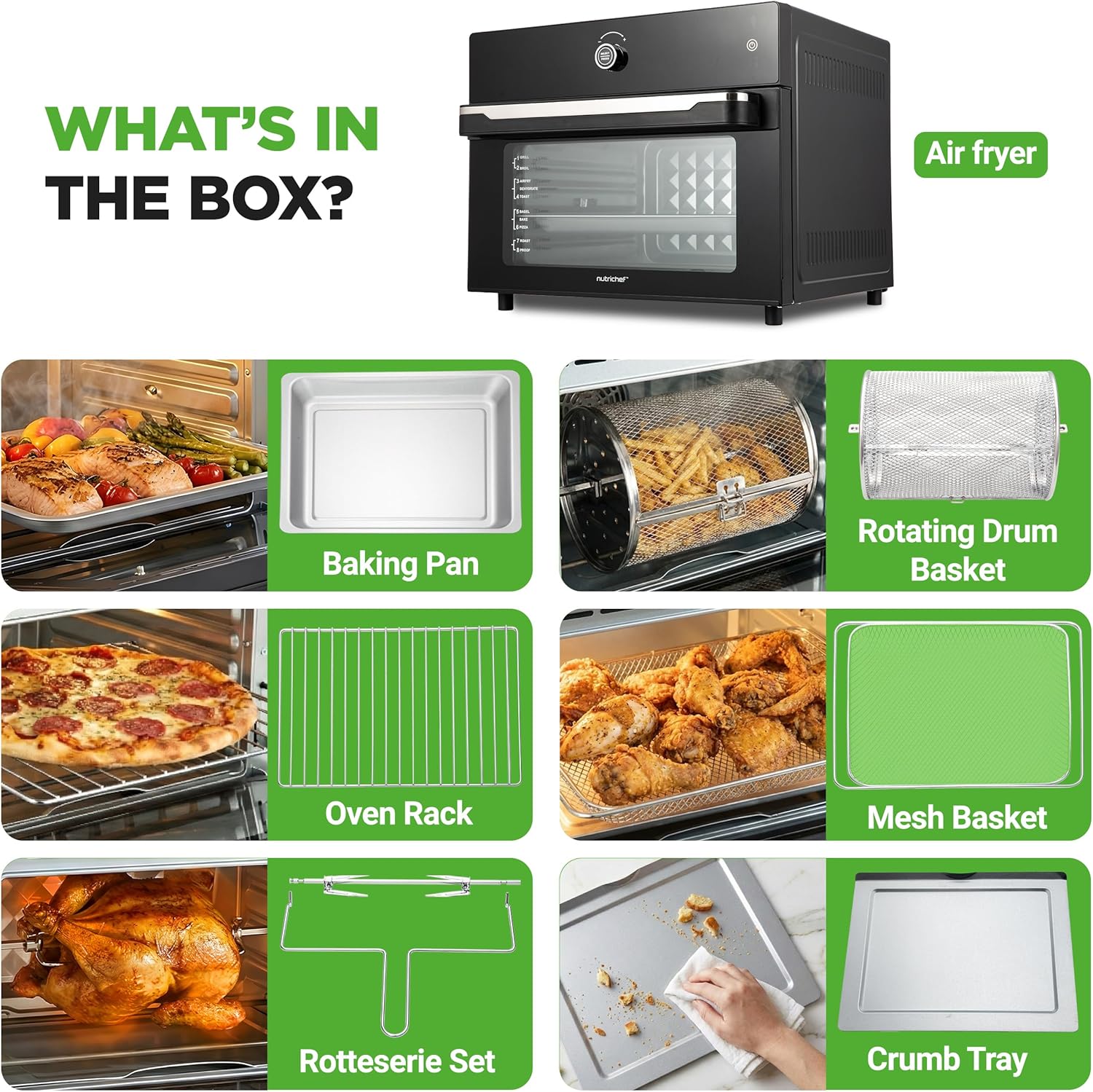 NutriChef 32 Quart Air Fryer & Oven | Digital Airfryer with 20 Presets, Dual Cook, Rotisserie, Bake & More | Multi-Function Convection Countertop Oven | Large Capacity | 18" x 17" x 14 | Black - Image 7