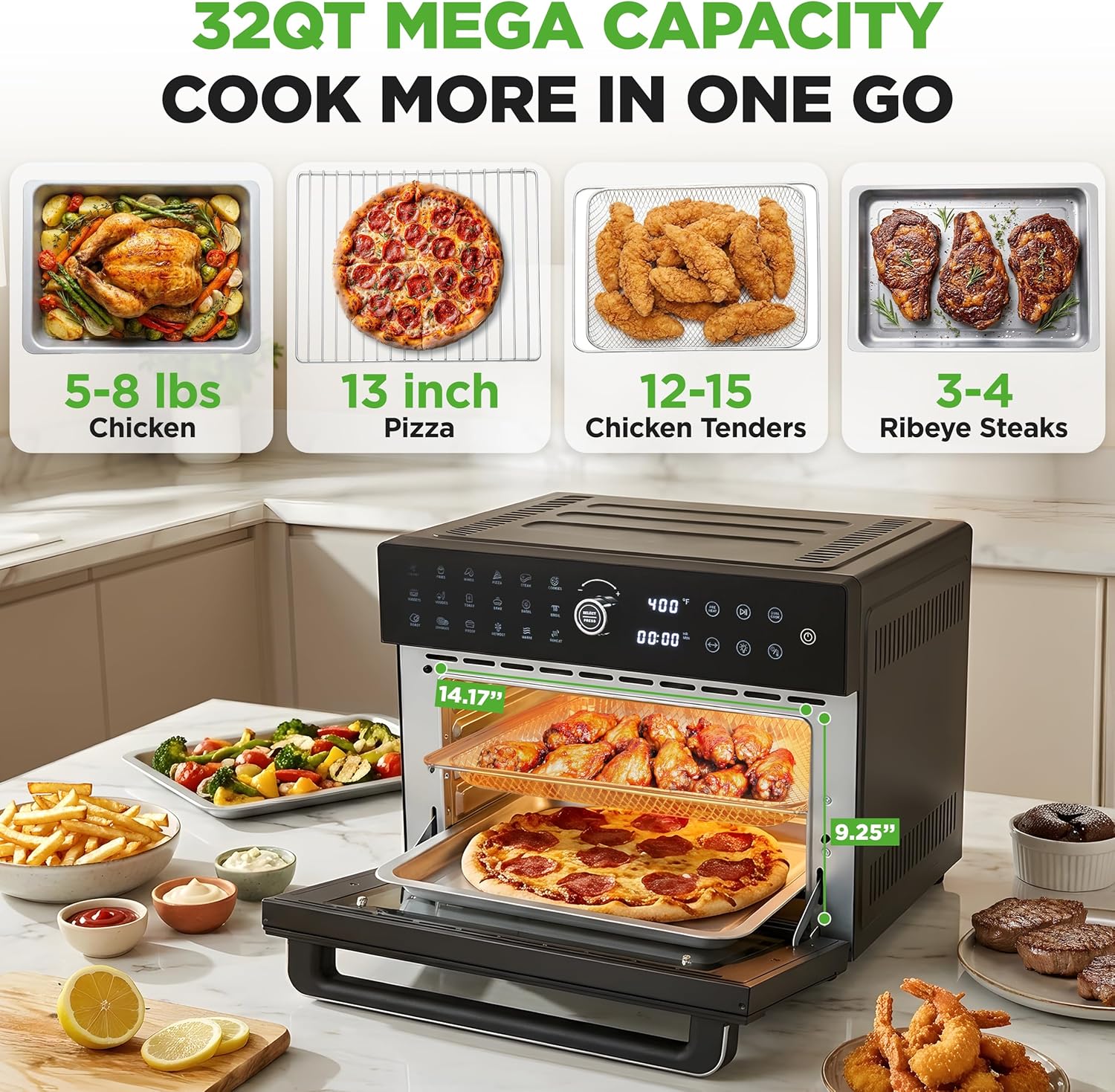 NutriChef 32 Quart Air Fryer & Oven | Digital Airfryer with 20 Presets, Dual Cook, Rotisserie, Bake & More | Multi-Function Convection Countertop Oven | Large Capacity | 18" x 17" x 14 | Black - Image 2