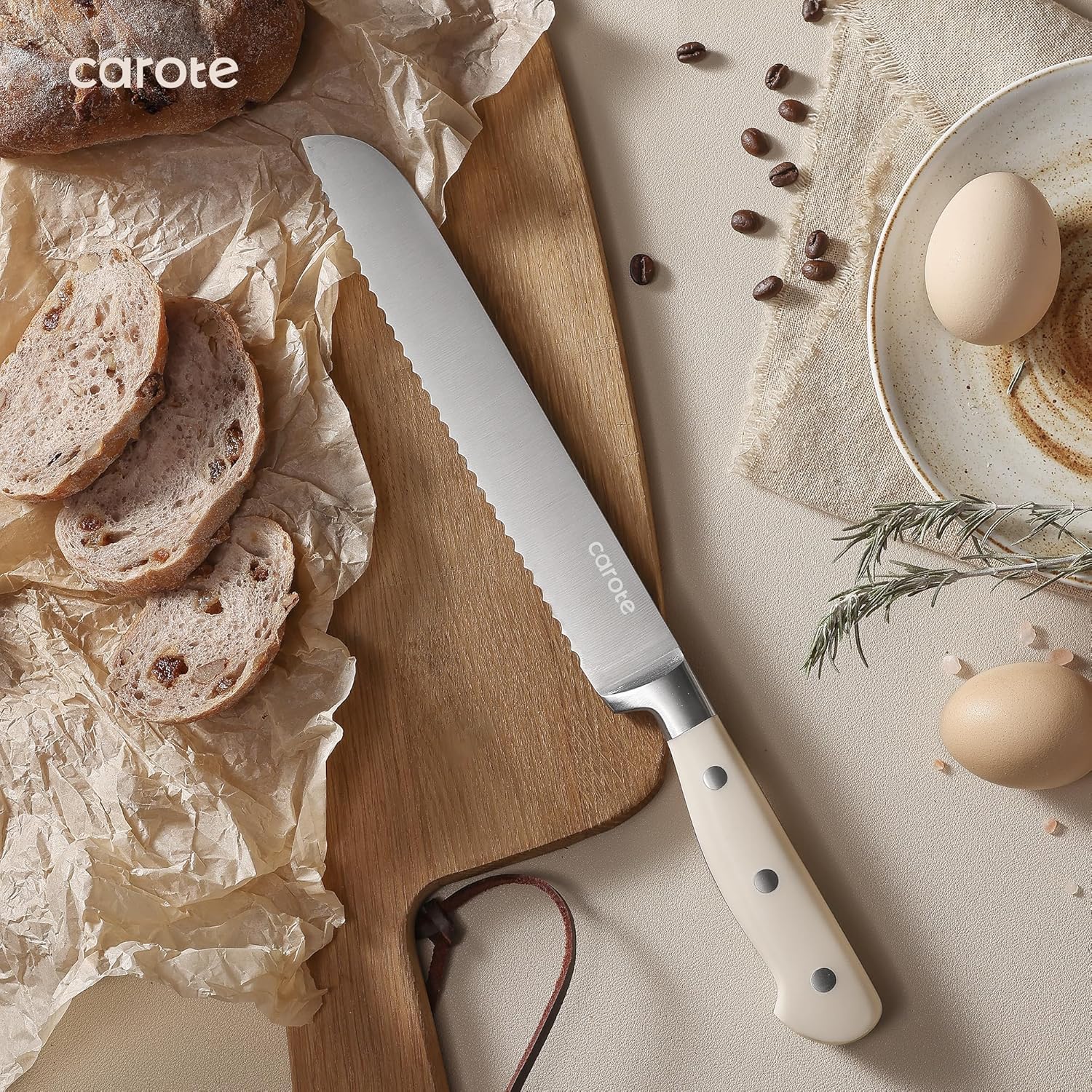 CAROTE 14 Pieces Knife Set with Block, Forged, High Carbon Stainless Steel Sharp Blade Block Knife Set, Dishwasher Safe Cutlery, Cream - Image 8